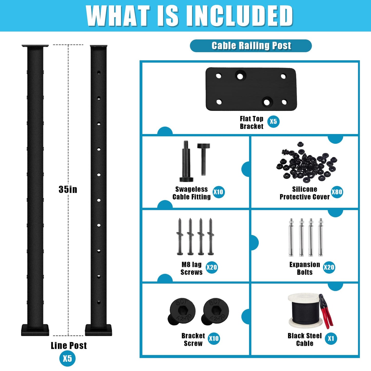 Senmit 36" Cable Railing Post Kit,Including 5 Black Railing Posts,250ft Cable, 10 Sets Terminal, 80 Cable Grommets(No Handrail)
