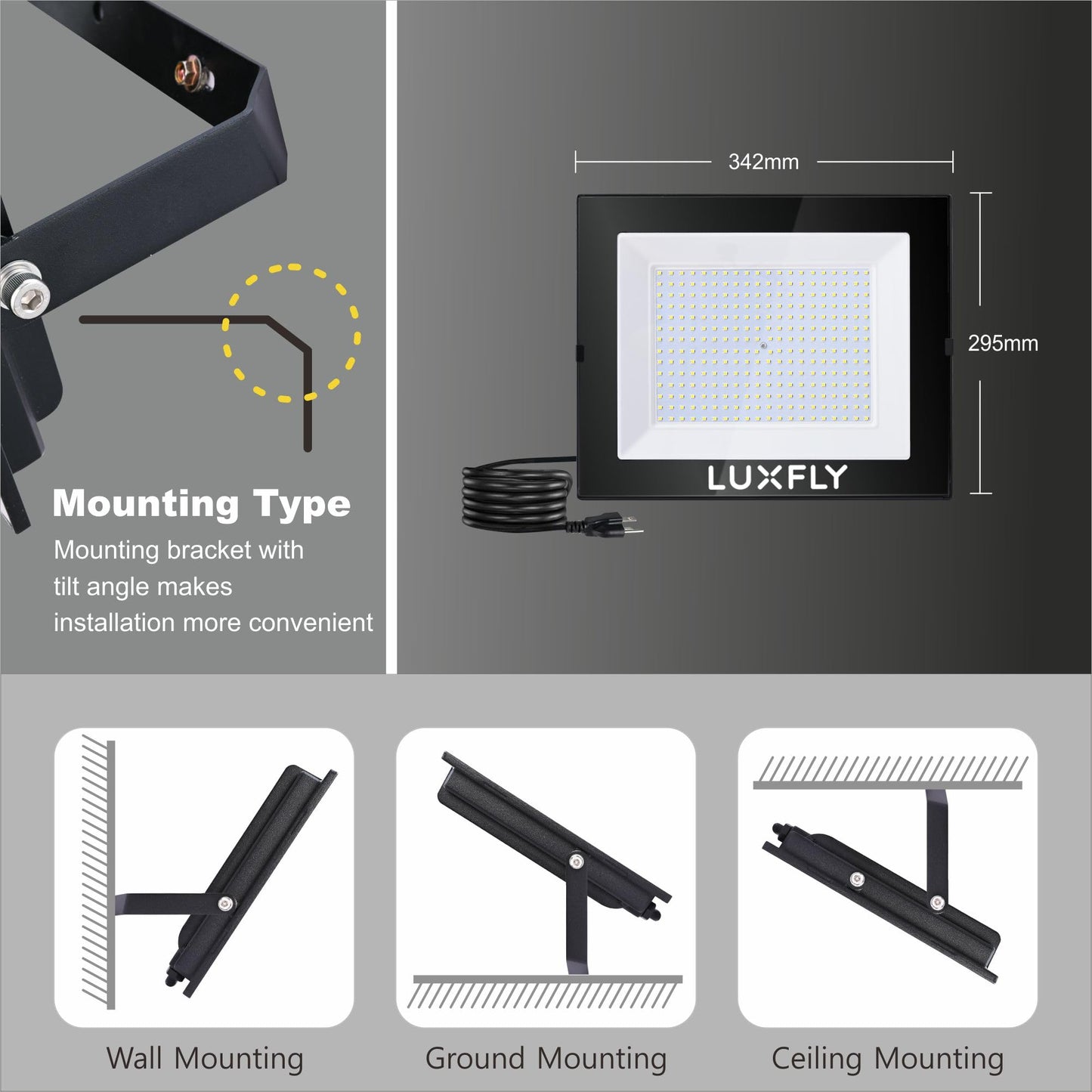 LUXFLY 2 Pack LED Flood Lights Outdoor,200W 20000LM Super Bright Work Light with Plug, IP66 Waterproof Security Lights, 6500K Portable Floodlights for Patio, House, Garage