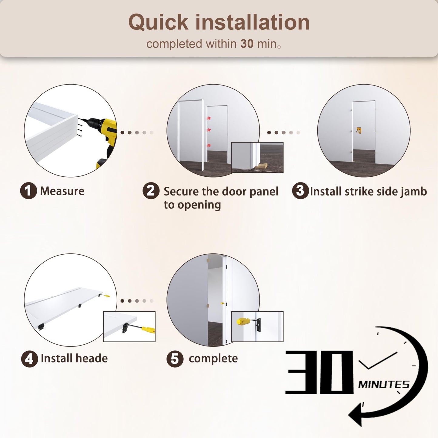 JUBEST 32"x80" Left-Hand Prehung Interior Door with Knock Down Jamb Kit & Matte Black Hinges, 1-Panel White Primed Hollow Core Molded Door Slab with Bore & Hinge Cutout, Durable & Sturdy, No Handle