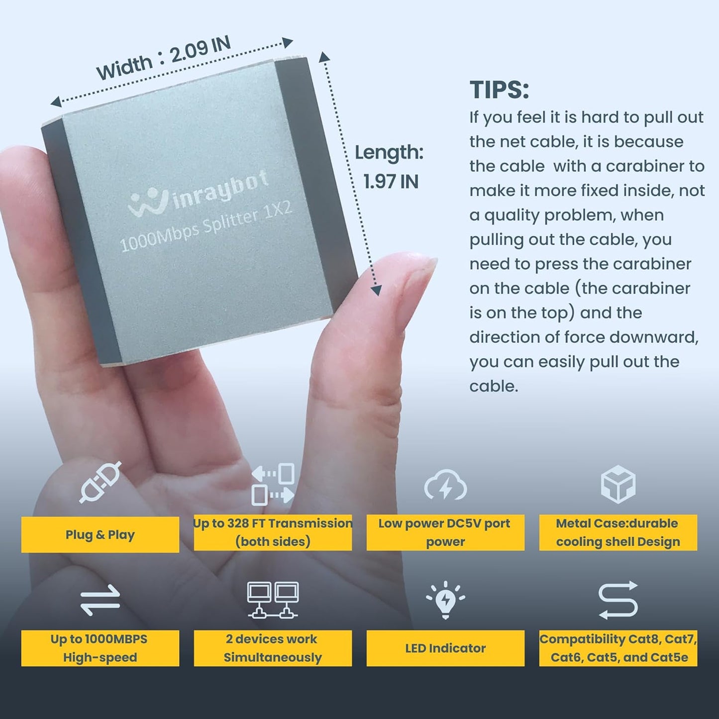 WinRaybot 1 2 RJ45 6/7/8 Ethernet Splitter to Gigabit Network Adapter Compatible with Cat Cable for Router PC Laptop