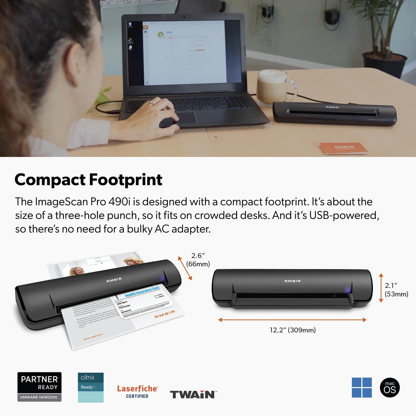 Ambir ImageScan Pro 490i Duplex Document Scanner with AmbirScan Business Card