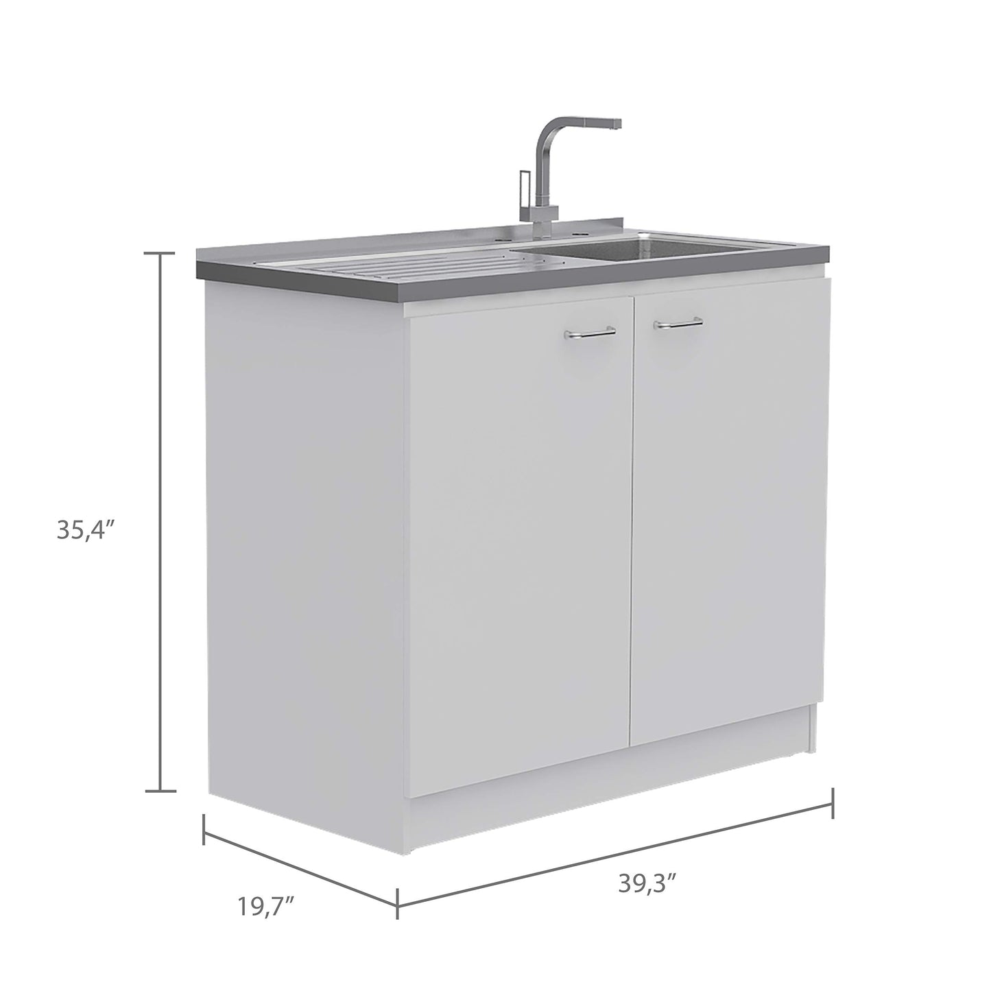 DEPOT E-SHOP Salento Utility Freestanding Sink with Cabinet 35.4" H x 39.3" W - Double Door, Two Shelves, Metal Handles, Aluminum Countertop, White, with Integrated Steel Sink