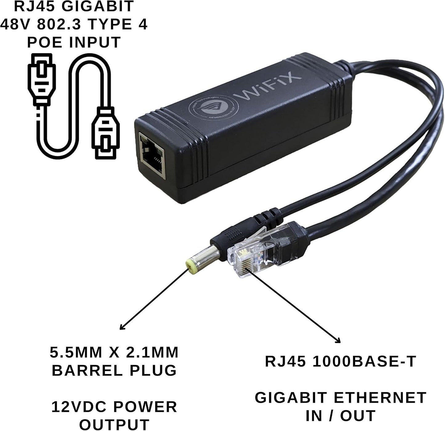 WiFiX 48V 12V 3A 10M/100M/1000M/2500M 2.1mm Active PoE Splitter | to | PoE+ - Support, Power Plug Tip for Outdoor