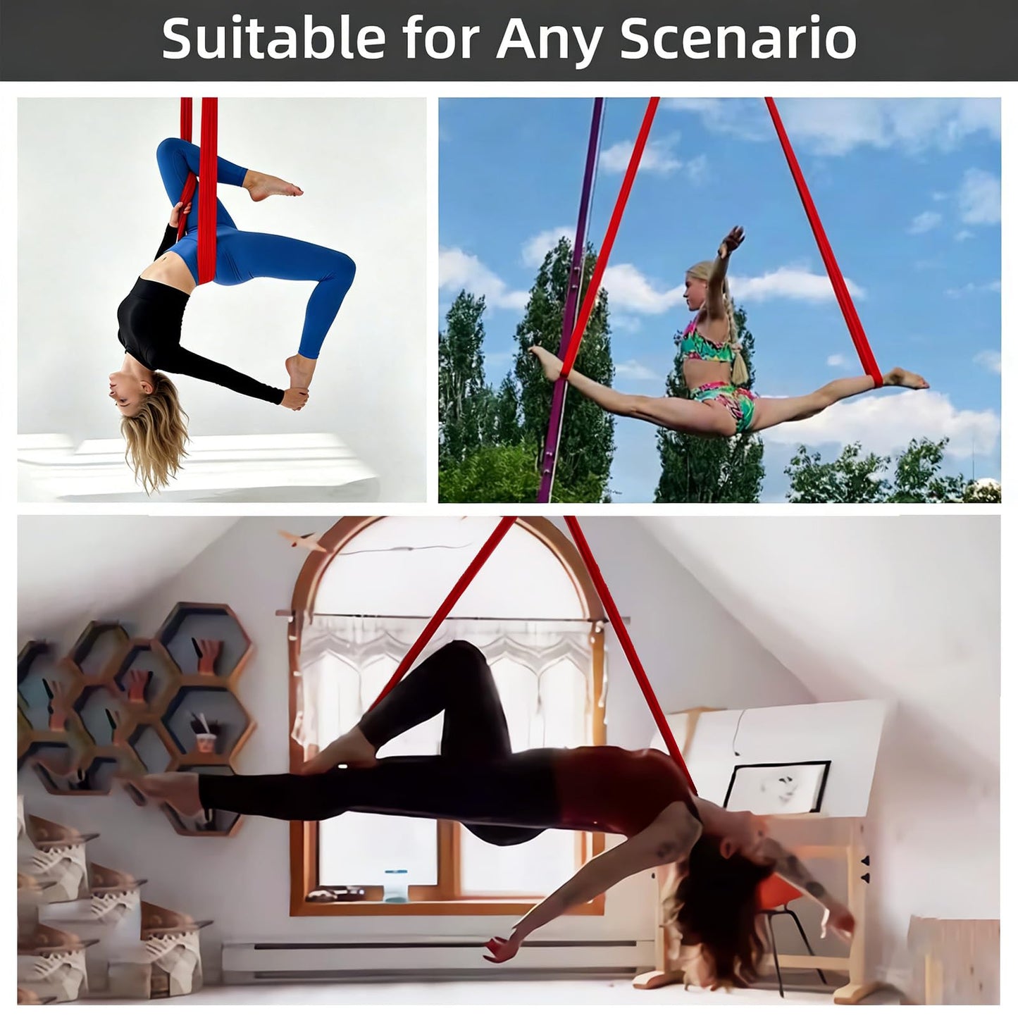 PRIOR FITNESS Aerial Loops Kit, Premium Red Circus Loops w/SGS Certificate, 2.75m/9ft Round Ropes (Pair) for Aerial Gymnastics, Circus Artists, Trapeze & Acrobatics with Wrist Lockers & Carabiners