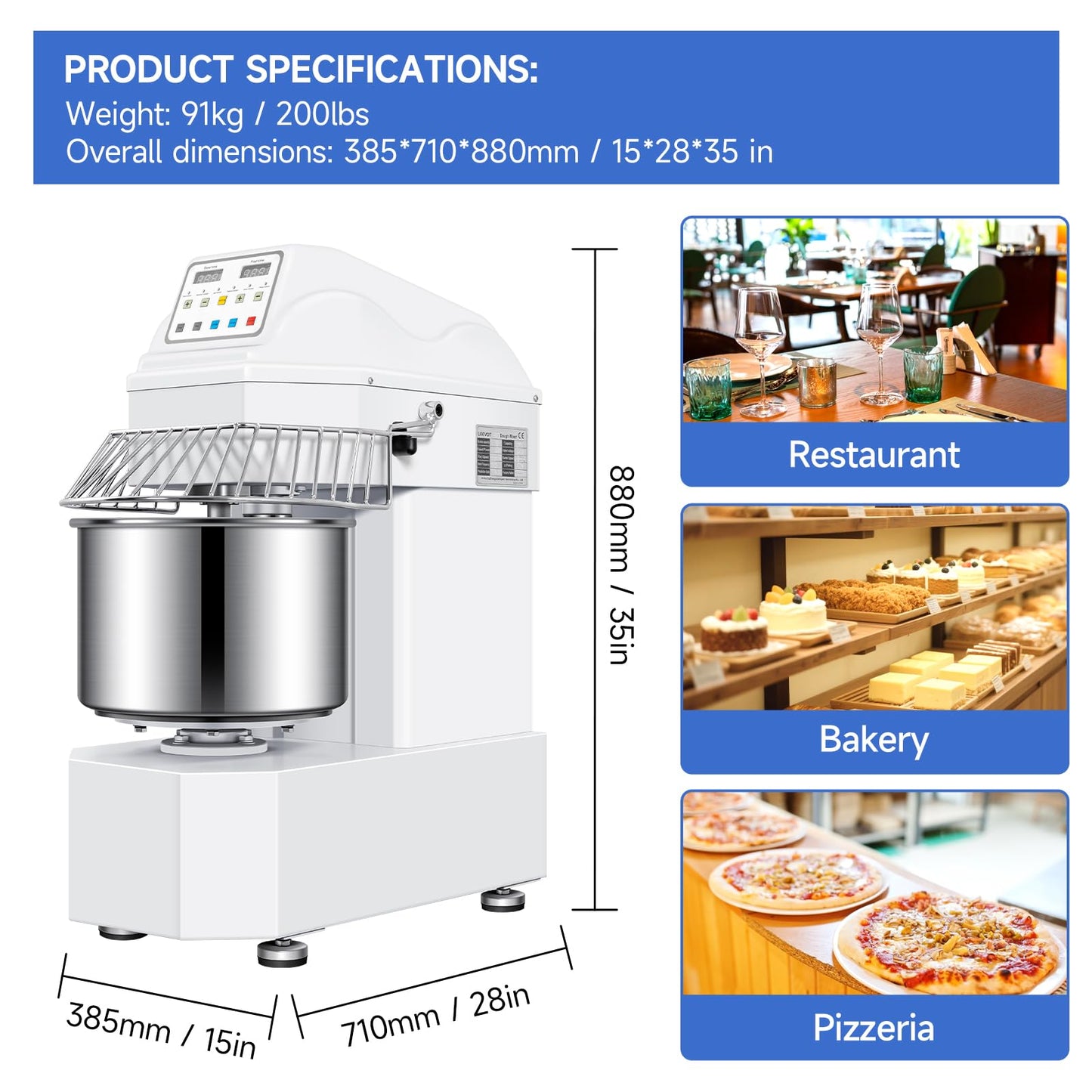 EKway 27lbs/20Qt Commercial Dough Mixer with Timer, 1100W Heavy Duty Kneading Machine with 304 Stainless Steel Bowl, Touch Screen,2 Speeds Dual Rotation for Restaurant, Bakery, Pizzeria (White)