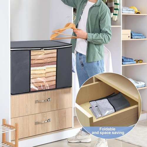BiCINE 90L Large Clothes Storage Bags - Foldable Blanket Bins with Clear Window for Bedding & Pillows