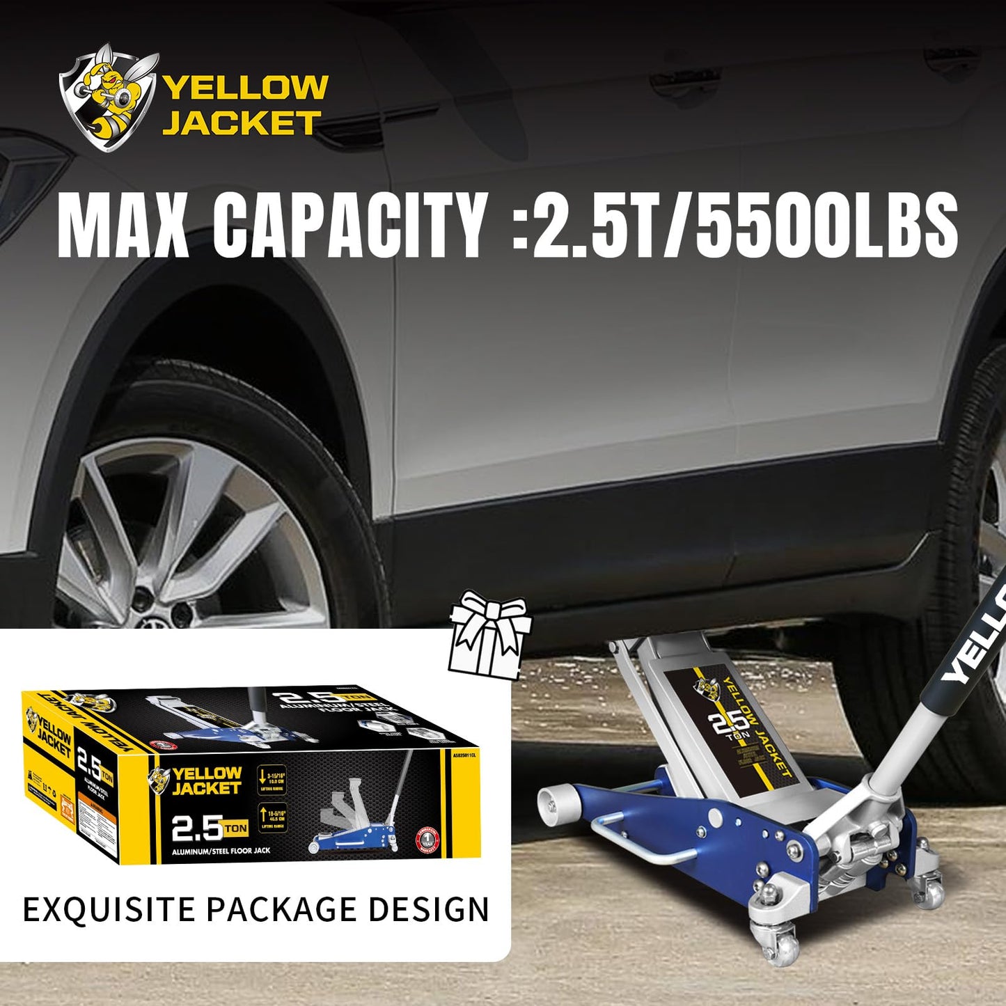 YELLOW JACKET Floor Jack 2.5 Ton Hydraulic Low Profile Aluminum and Steel Racing Car Jack with Fast Lifting Dual Pump, 5500 lbs Capacity