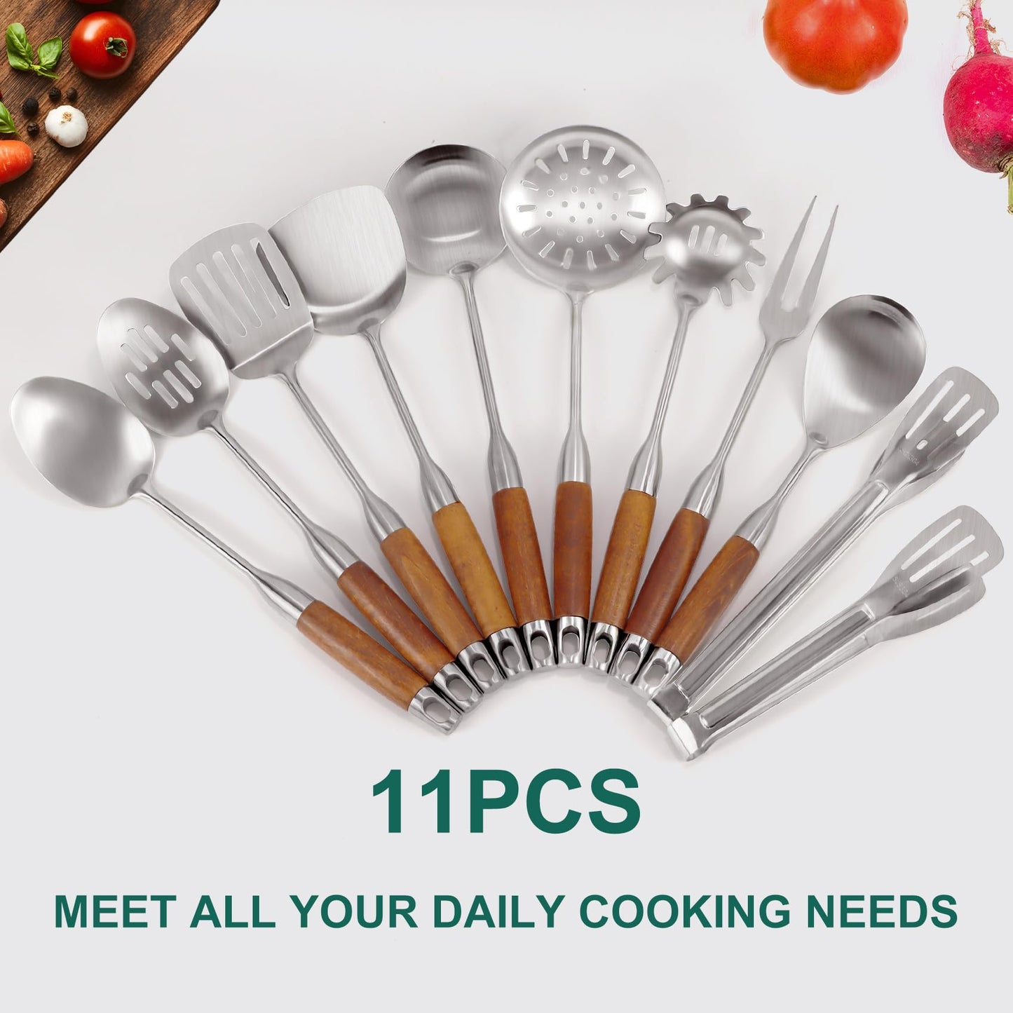 304 Stainless Steel Kitchen Utensils Set with Wooden Handle, 11 Pcs Long Heat Resistant Metal Cooking Utensils Set, Stainless Steel Cooking Utensils Set with Spatula, Turner, Solid and Slotted Spoon