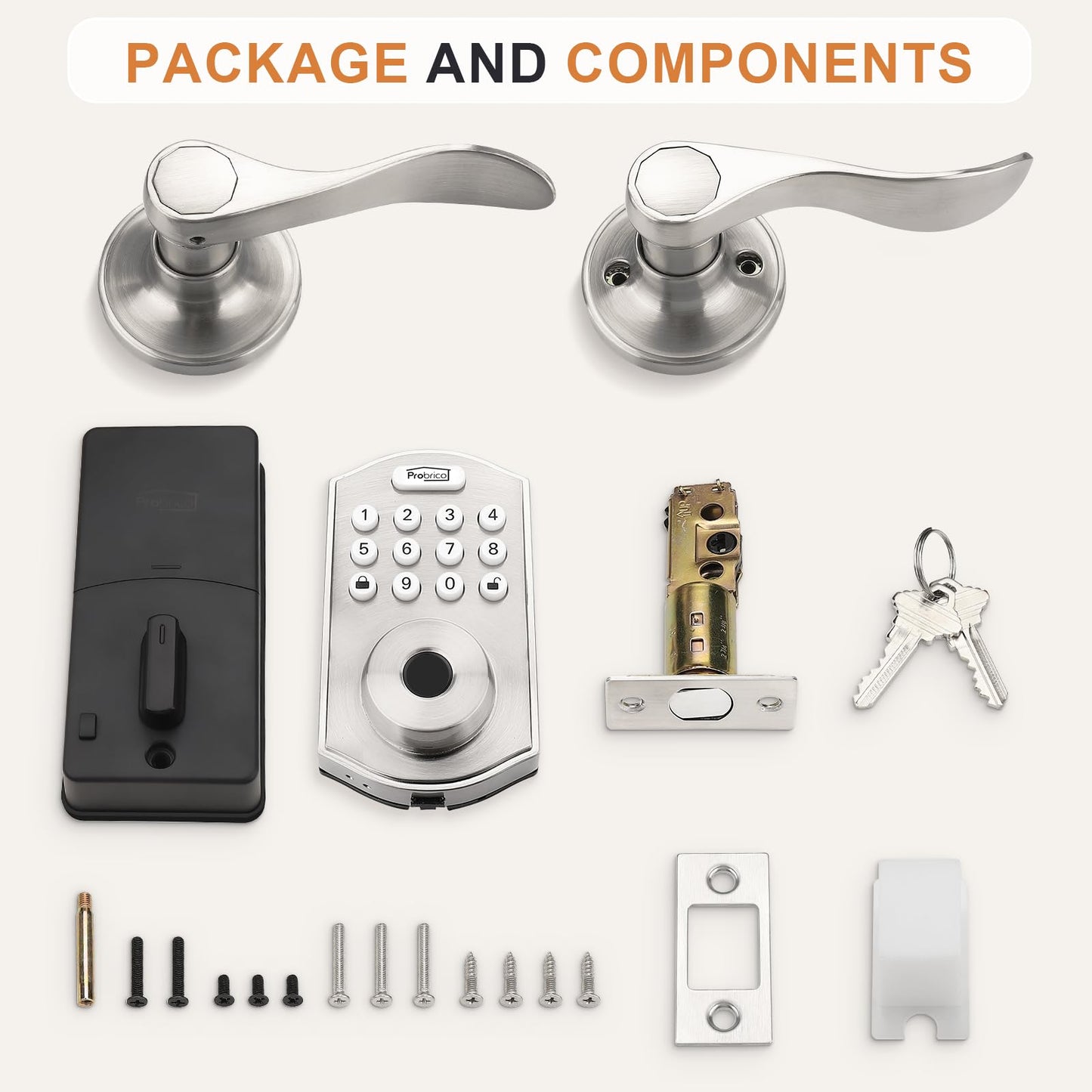Probrico Smart Door Lock Satin Nickel Keyless Entry Door Lock, Keypad Door Lock with Handle Fingerprint Deadbolt Handle Set