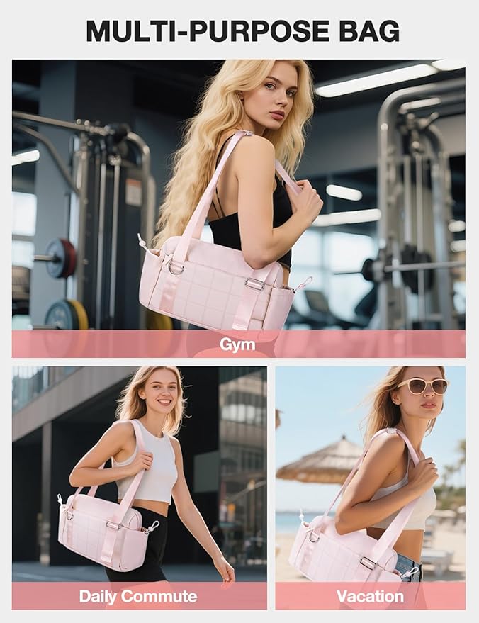 VUUDH Puffy Mini Gym Bag for Women, Carry On Multi-Pocket Water-Resistant Duffel, Lightweight Sports Bag for Fitness, Work, Travel, Daily Commute,Pink