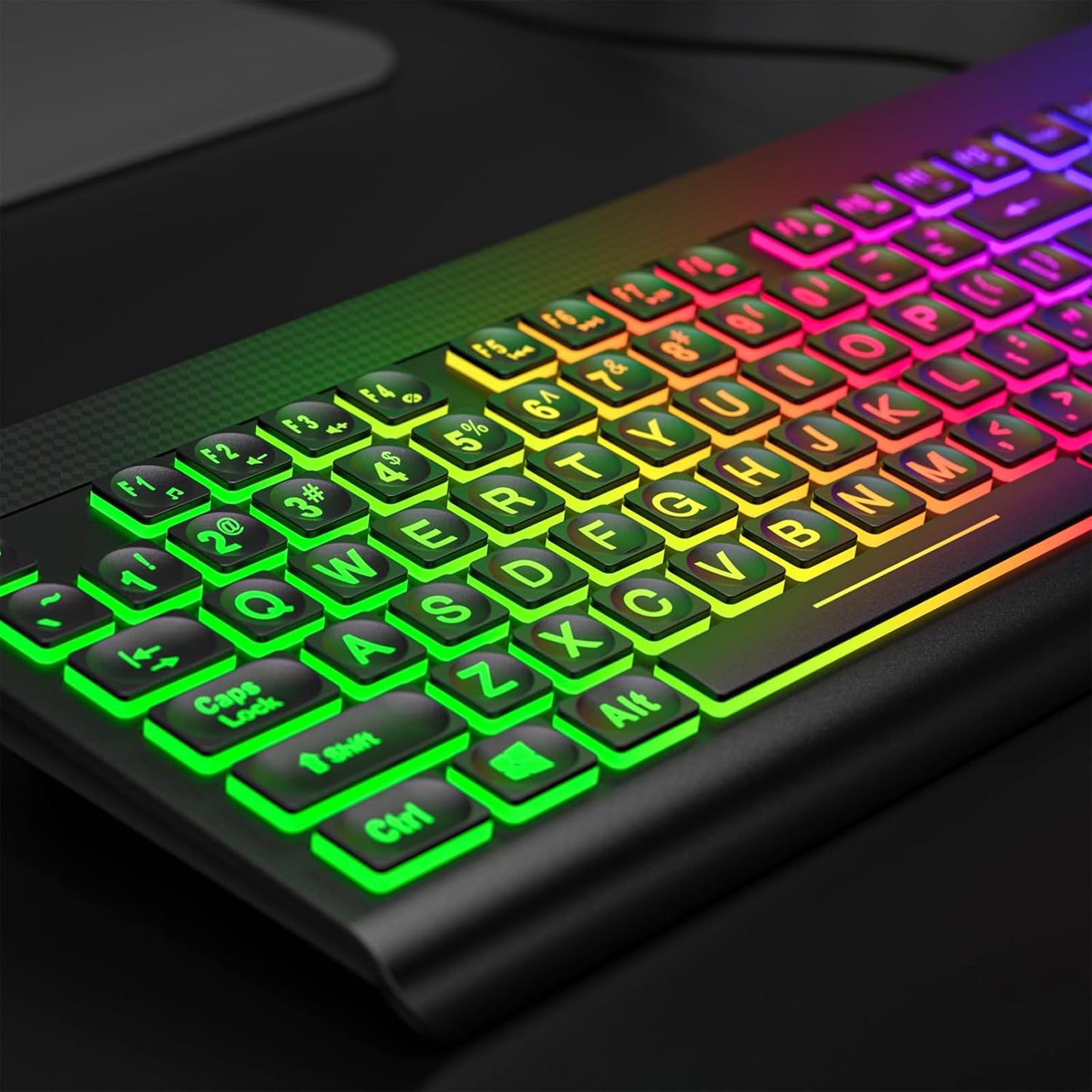 Atelus Large Print Backlit Keyboard, USB Wired Computer Keyboard, Full Size Keyboard with Rainbow Illuminated LED