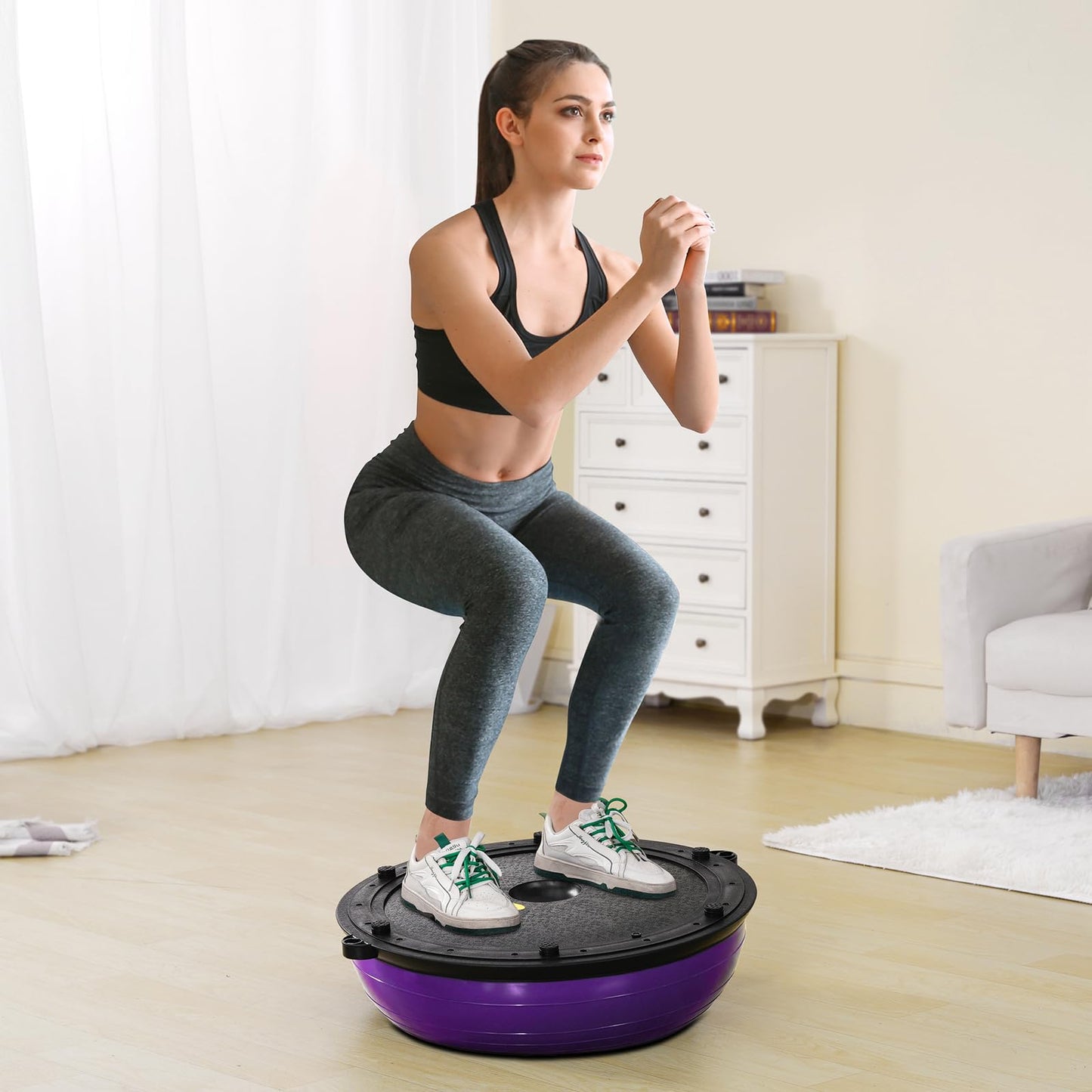 VEVOR 23-inch Half Exercise Ball Trainer, 660 lbs Capacity Balance Ball, Includes Resistance Bands and Pump, Ideal for Full Body Workouts, Yoga, and Strength Training at Home Gym, Purple