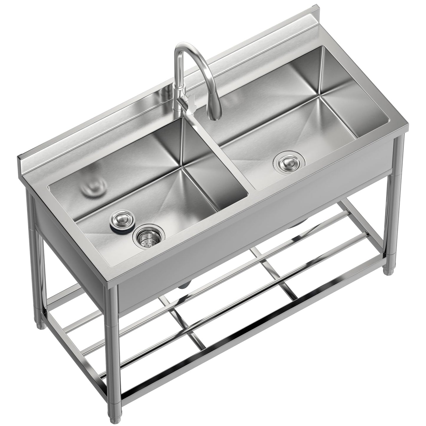 GGW 2-Compartment Commercial Sink, Stainless Steel Utility Sink with Pull-out Faucet, Free Standing Double Bowl Kitchen Sink for Restaurant, Garage, Shop, Cafe, Outoor, 21.7"D x 47.2"W x 37"H