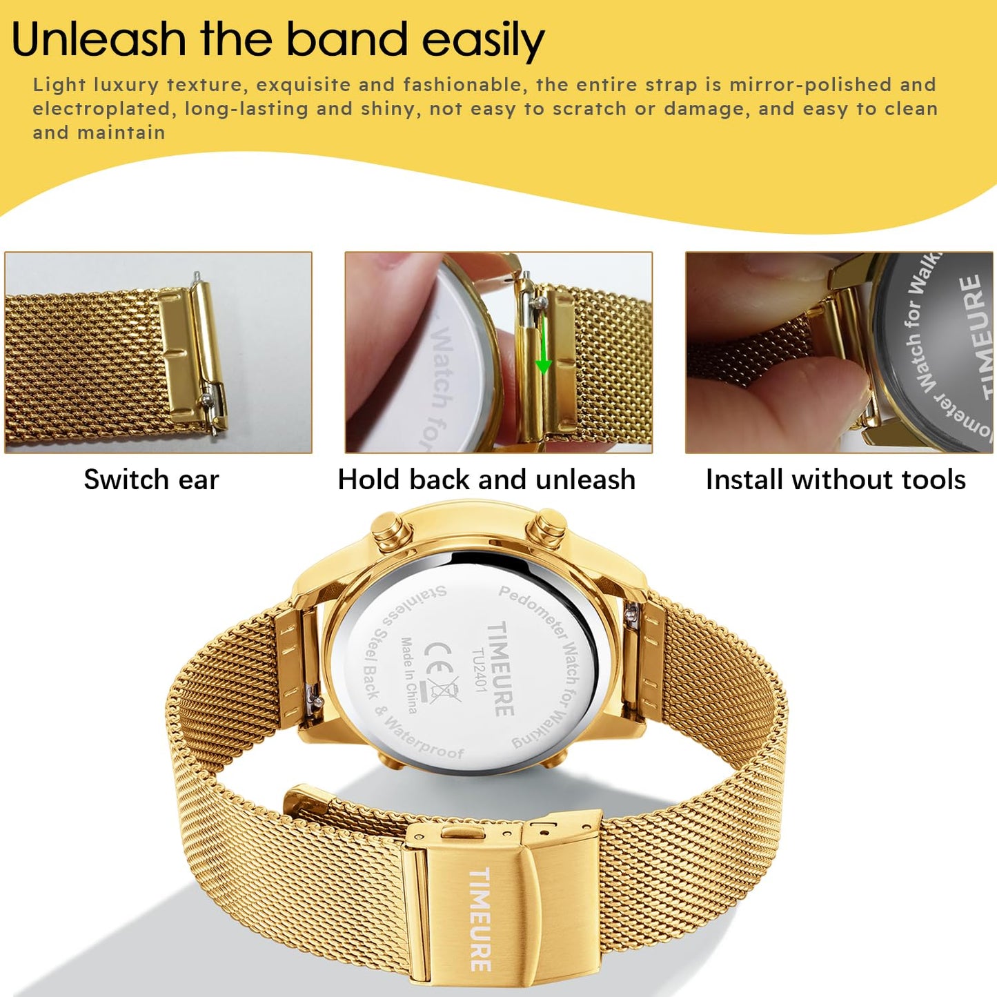 TIMEURE Women's Step Counter Watch with Stainless Steel Bracelet, Stylish Design, No App, No Charging Needed for Step, Calorie, Distance, Alarm, Countdown Timer,TU-2401(Gold)