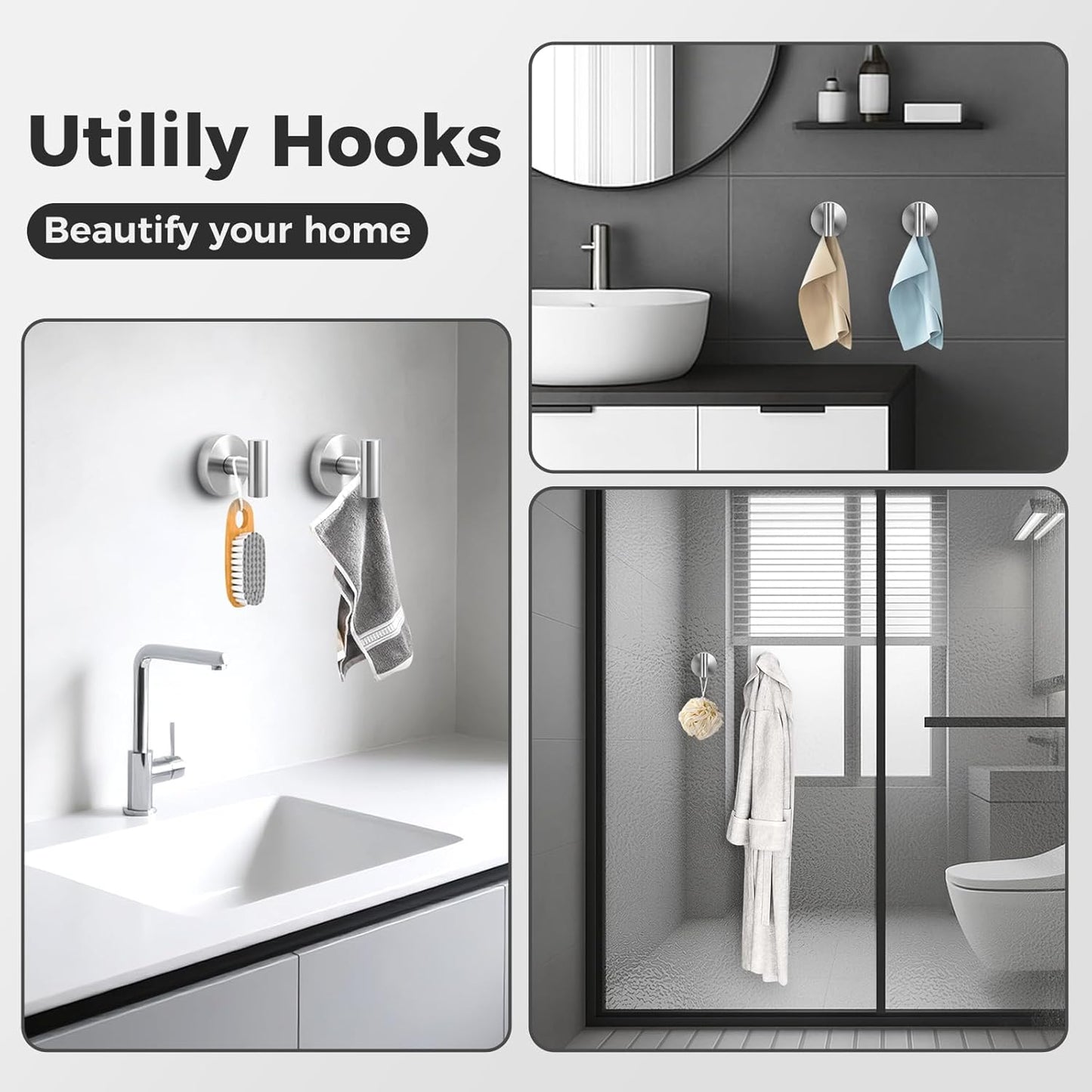 Skiennix Shower Hooks - Heavy-Duty No-Drill Suction Cup Towel Hooks for Bathroom | 4 Pack (Silver)