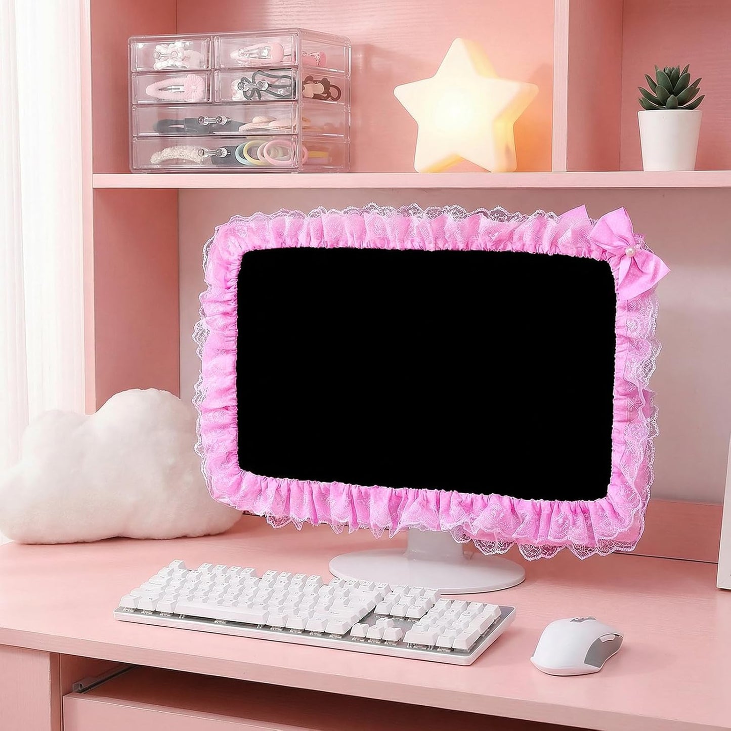 Macuezu 22"-28" Cute Monitor Cover, Lovely Computer Monitors Covers with Bow-Knot, Pink Computer Monitor Decor, Dust