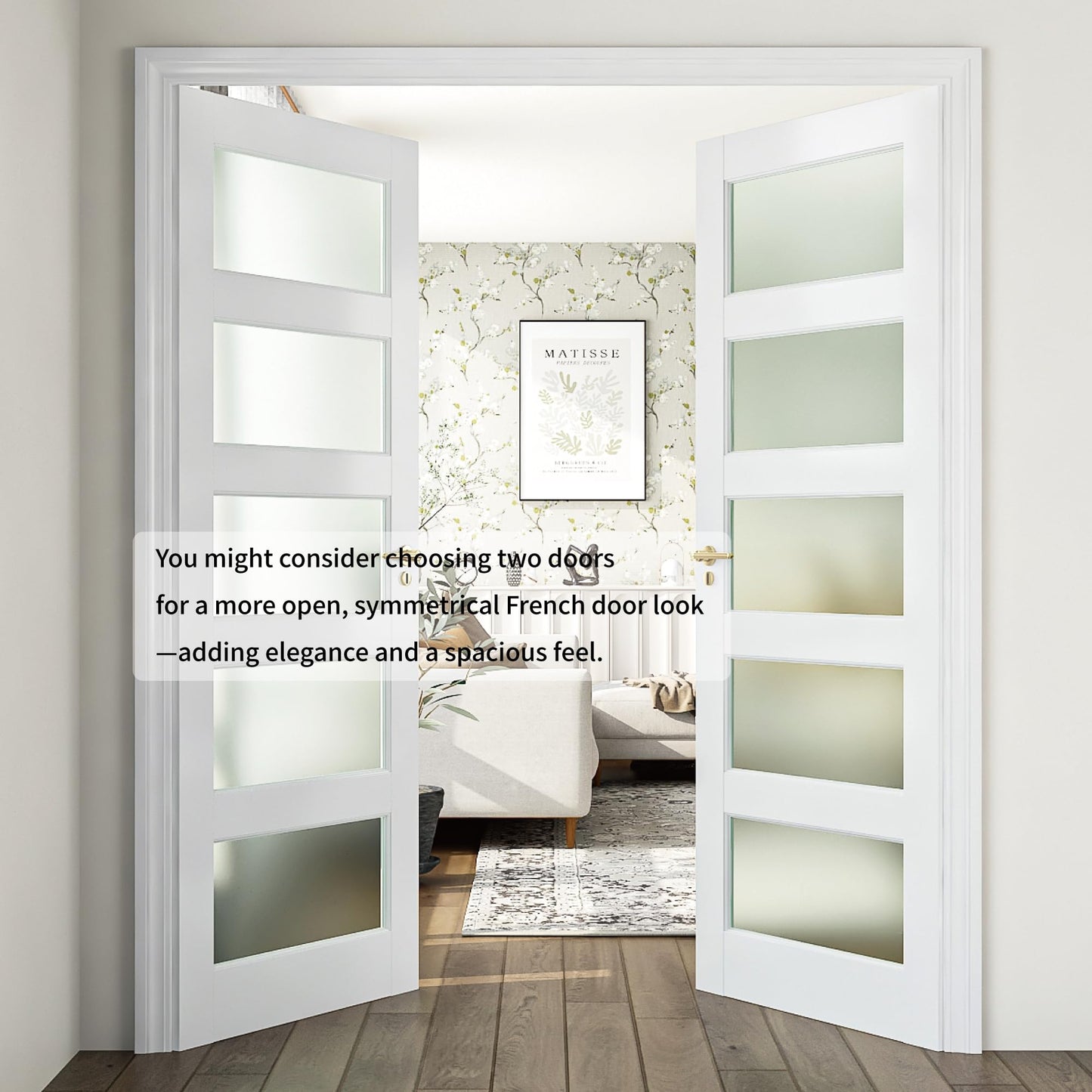 5-Lite Frosted Glass Interior French Door Slab, 28" x 80" Solid Core Wood Panel, for Pantry, Bedroom, Laundry & Bathroom, White Prefinished Paintable,White