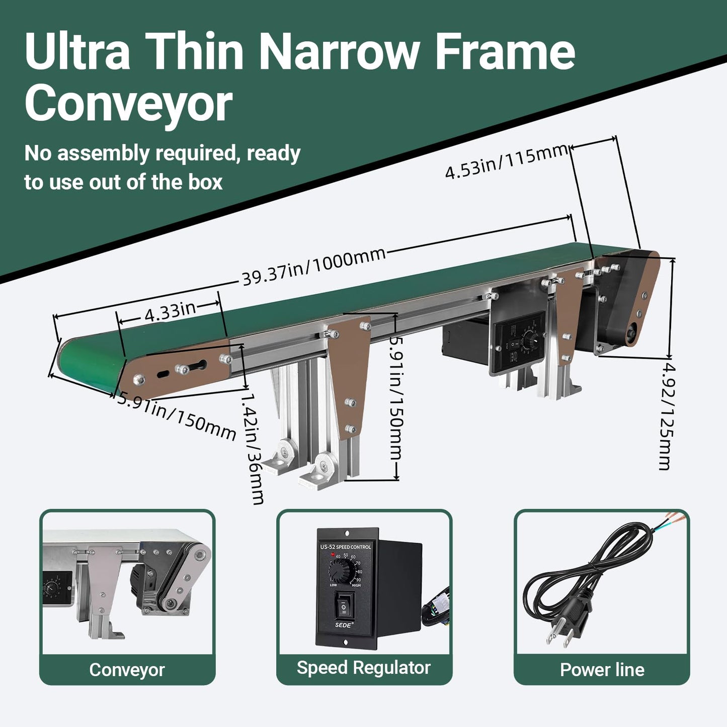 Small Ultra-Thin Frameless Conveyor 39.4″x 5.91″, Narrow Edge Conveyor Belt, PVC Belt can be Used for Stamping and Food conveying, with stepless Speed Regulation and Forward and Backward Switching