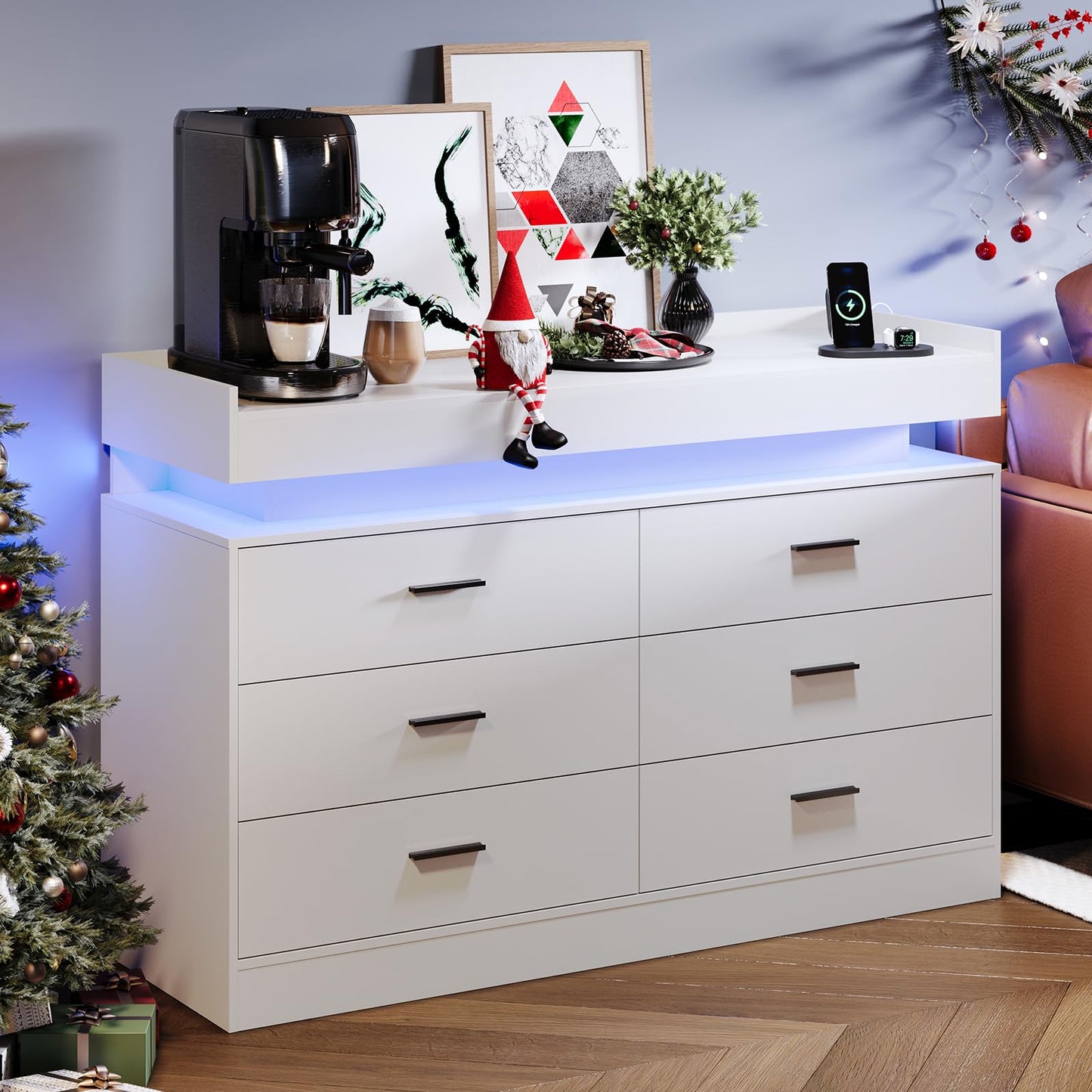 TV Stand Cabinet with LED Lights & Charging Station, Coffee Bar Cabinet Floating Countertop, Modern Sideboard Buffet 6 Drawers for Home, Living Room, White