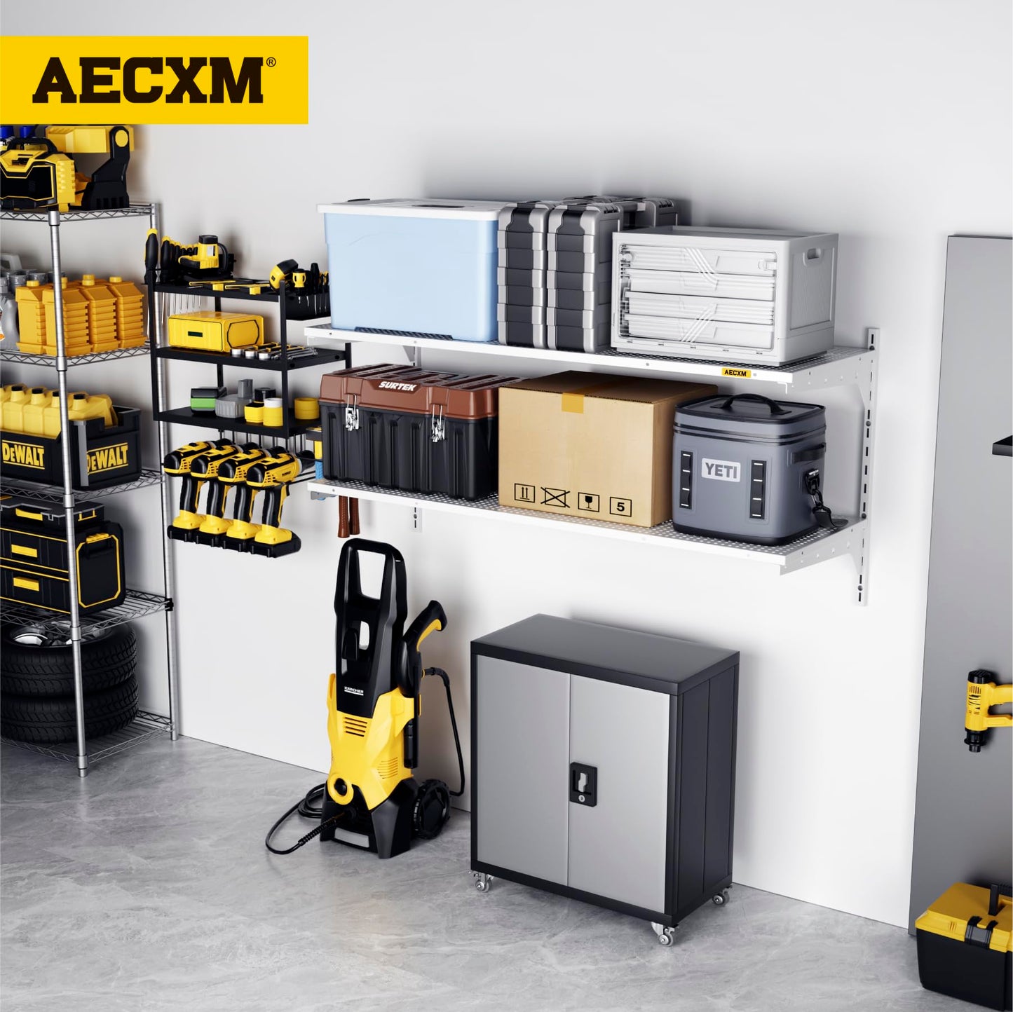 Aecxm 1pack×2 Tier 1.3x4ft Garage Shelving Wall Mounted, 260lbs Load Capacity,15.6x48inch per Shelf Height Cassette Adjustable Floating Shelves(White)