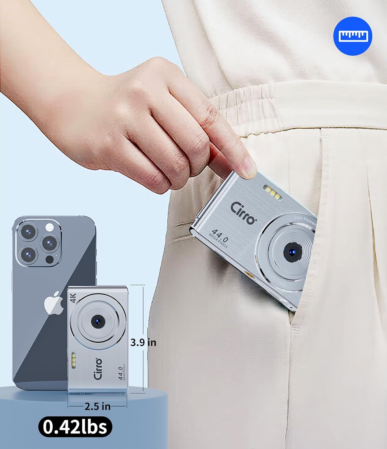 CIRRO 4K 44MP 16X 32GB Digital Camera Vlogging Camera UHD Digital Zoom with Card, Portable Compact Camera for Tiktok