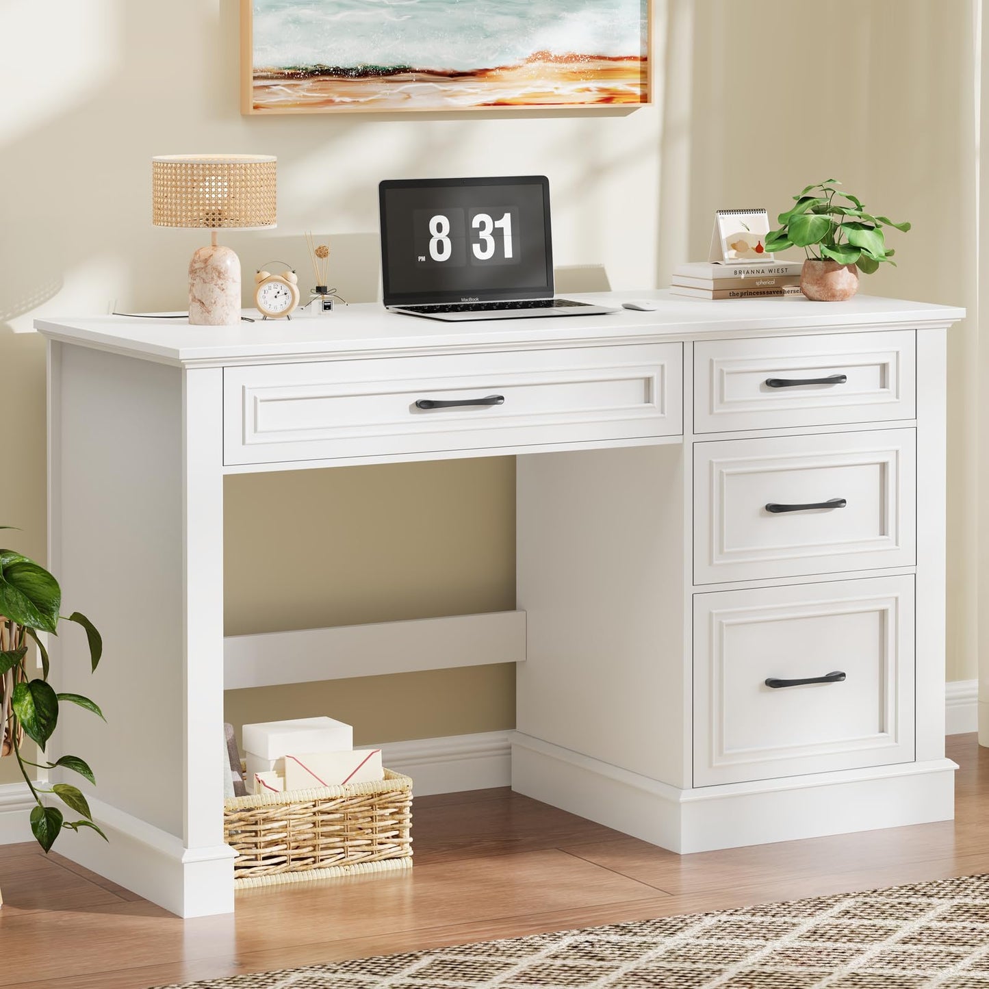Halitaa Farmhouse 47" Executive Desk with File Drawer, Computer Desk with 4 Drawers, Workstation for Writing, Study, Home Office, Cream White.
