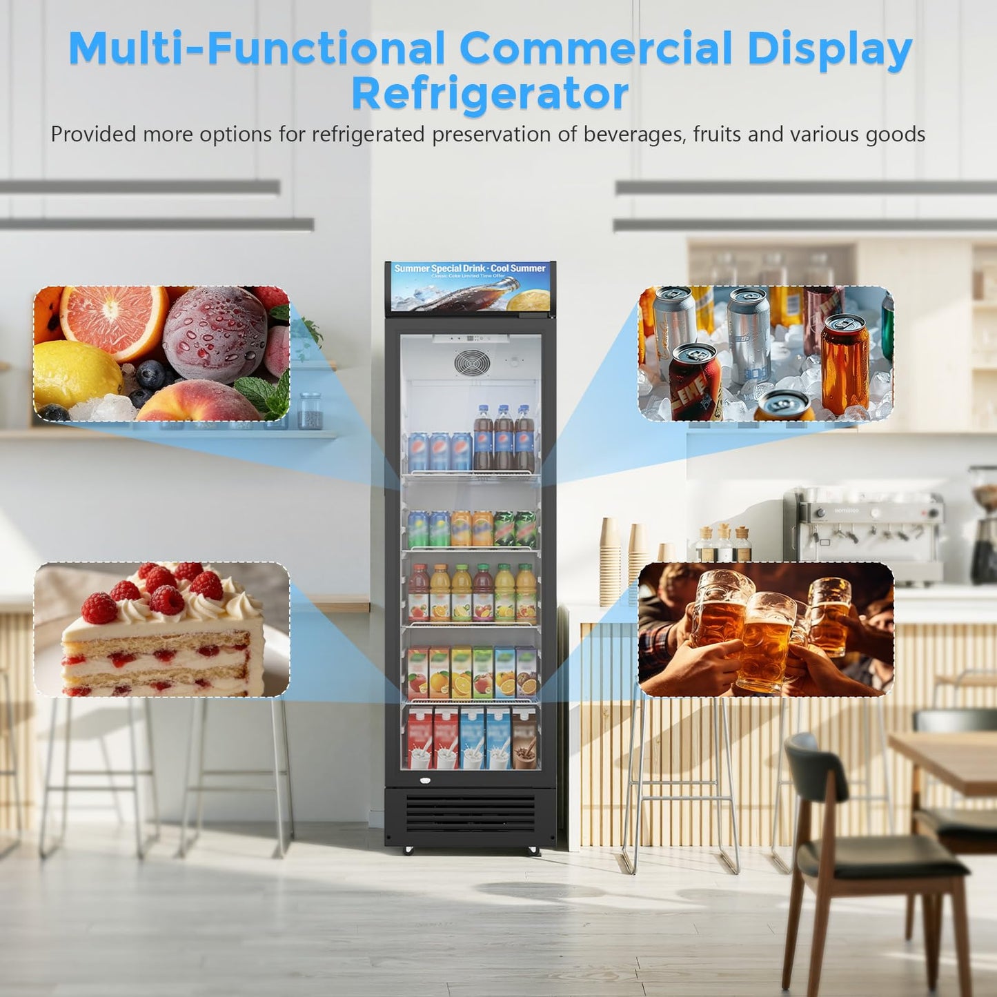 Electactic 9 Cu.Ft Commercial Refrigerators, Display Refrigerator with Double-Tempered Glass Door, Commercial Display Fridge with 4 Adjustable Shelves & LED Light, for Shops, Restaurants, Bars