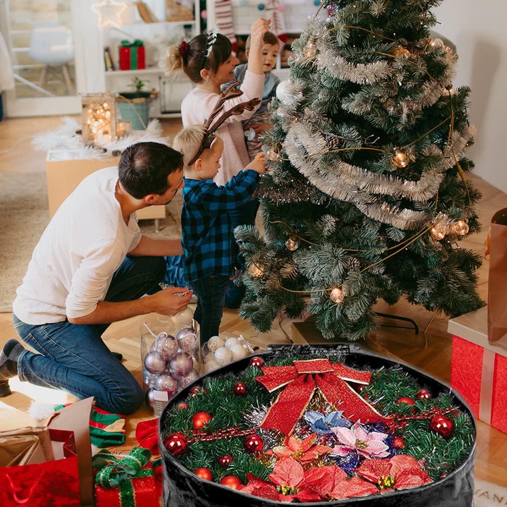 Propik Wreath Storage Bag - Tear-Resistant Holiday Garland Container with Heavy-Duty Handles | 24” x 24” x 8” (Black)