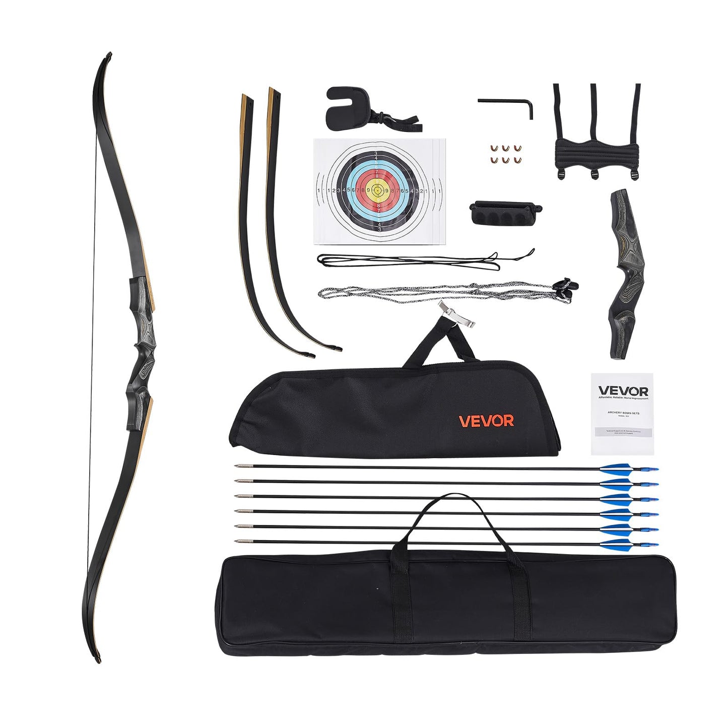VEVOR Recurve Bow and Arrows Kit, 60 inch Wooden Takedown Bows, Right Handed Ergonomic Archery Recurve Bow Package, Longbow for Outdoor Target Training Practice Hunting, Beginners to Advanced