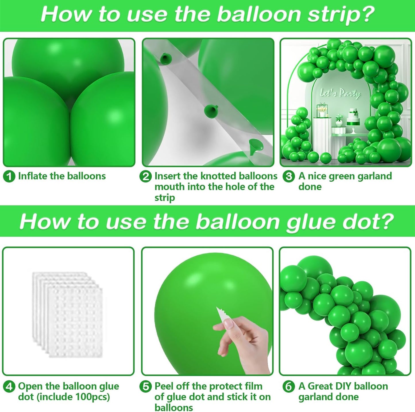 YAOWKY Green Balloons Kit - 100PCS Latex Balloons in 5, 10, 12, 18 Inches | Perfect for Parties & Events