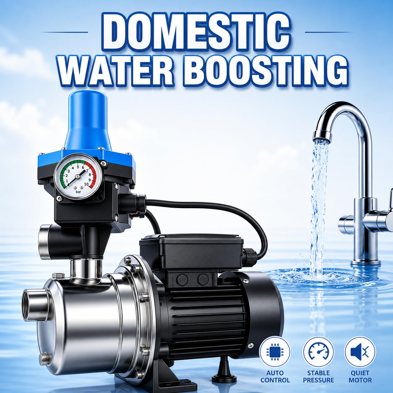 Weeflos 3/4 HP 1020 GPH Shallow Well Water Jet Pump Stainless Steel Automatic Water Booster Pump 118FT 115V for Home, Garden, Lawn Transfer Draining Irrigation