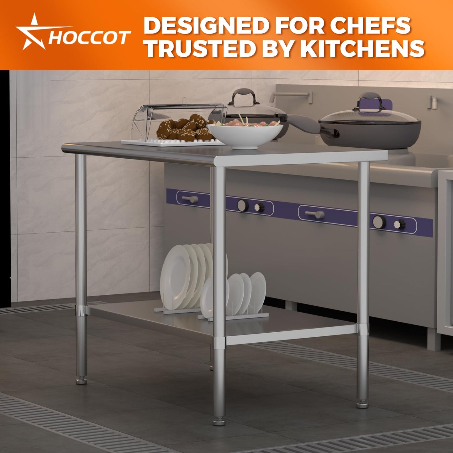 HOCCOT All Stainless Steel Work Table, Heavy Duty Prep Table 30x48 Inch with Stainless Steel Undershelf & Replaceable Feet(Without Casters) Commercial Workstation for Restaurant Kitchen Garage Outdoor