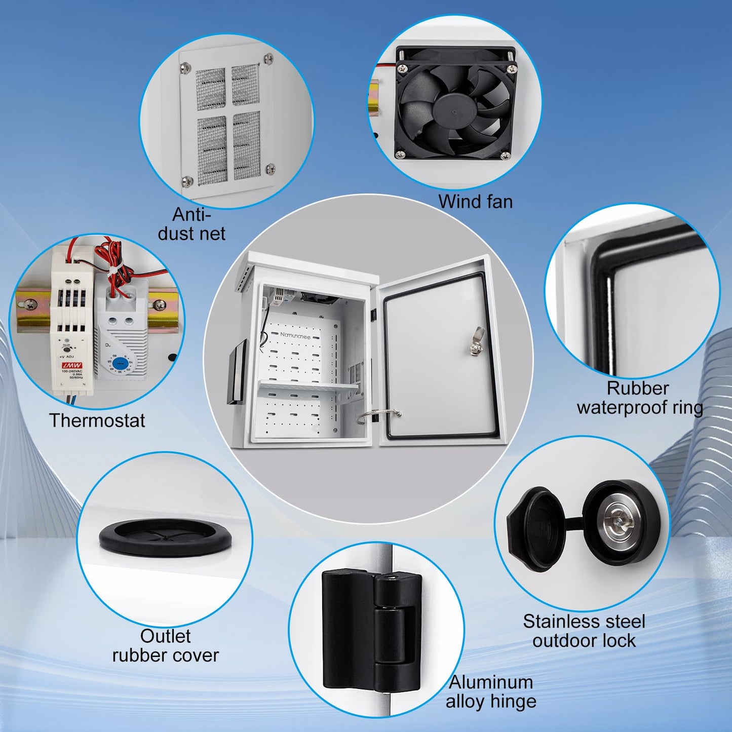 Outdoor Electrical Box with Thermostat and Fan, Cold-Rolled Steel Plate, Aluminum Alloy Back Beam, One-Piece Ventilation Design, IP65 Waterproof, Wall/Pole Mounted. (17.8" x 14" x 7.9")