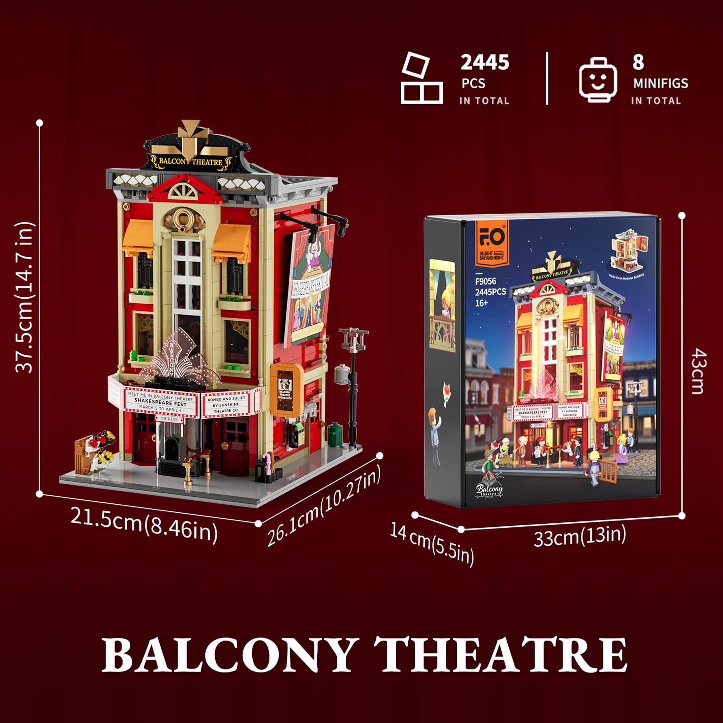 FUNWHOLE Balcony-Theatre Lighting Building-Bricks Set - City Town Creator House with LED Light Multi-Form Modular Collectible Display Kit 2445 Pcs for Adults and Movie Lovers