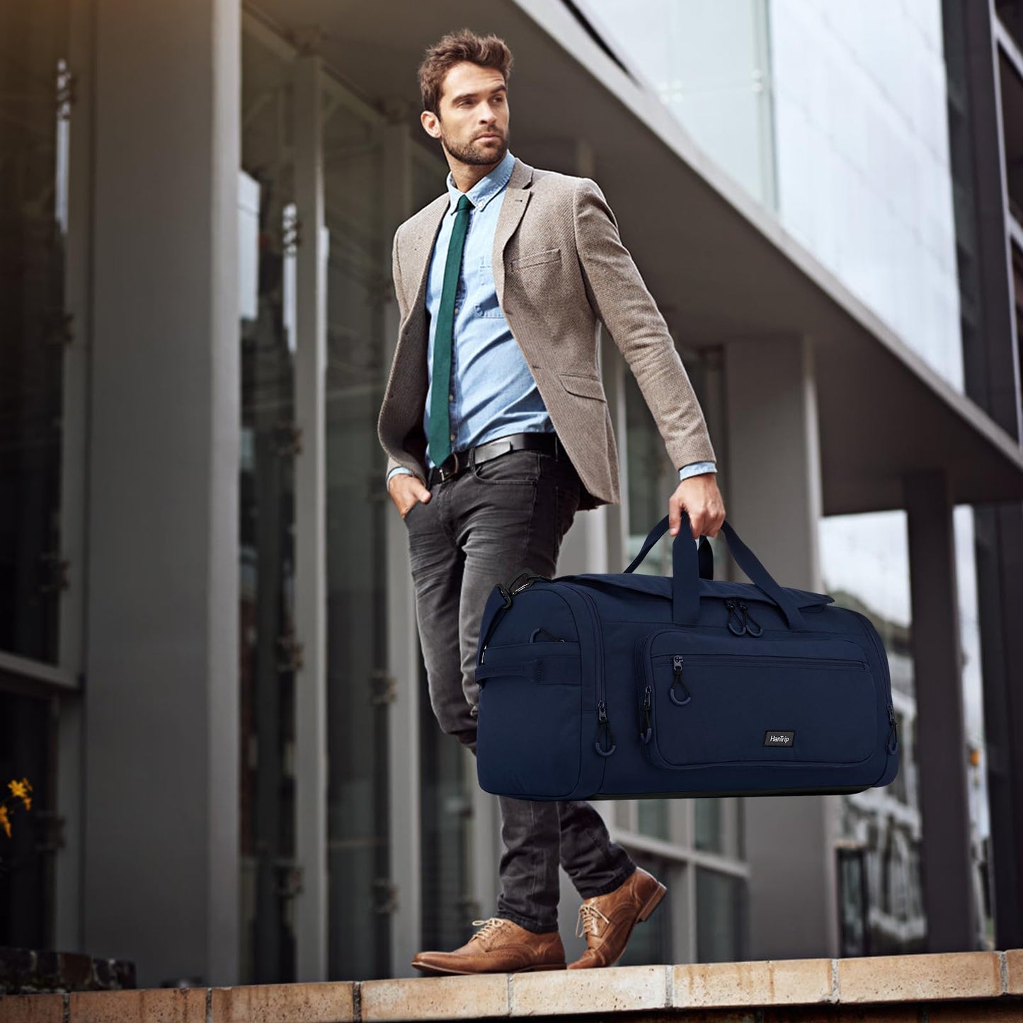 HanTrip Large Travel Duffle Gym Bag with Shoe Compartment, Underseat Carry On Luggage Overnight Weekender Personal Item Workout Bags for Women Men (Navy Blue)