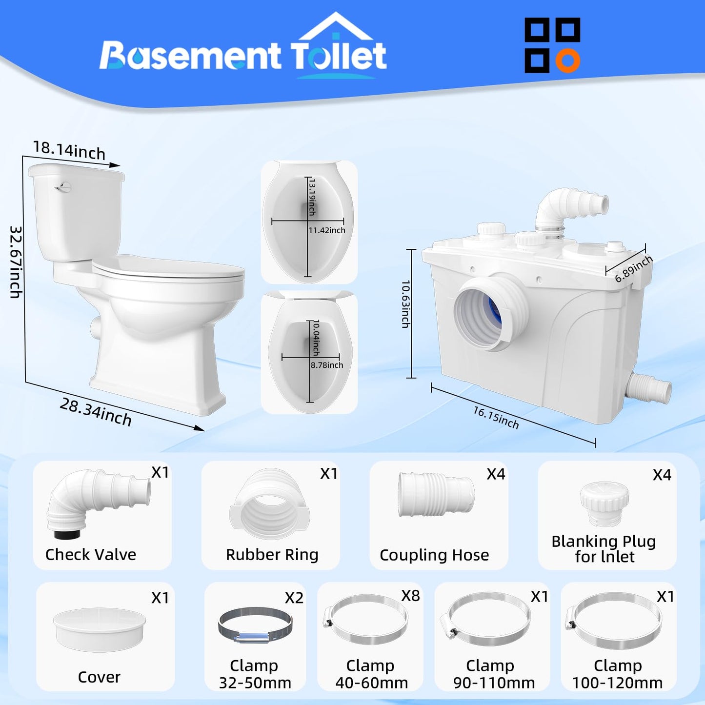 Macerating Toilet Upflush System for Basement Bathroom, Complete Macerating Toilet Kit with 4 Inlets, Toilet Bowl, Water Tank, Soft Close Seat & Extension Pipe, for Sink Shower Kitchen