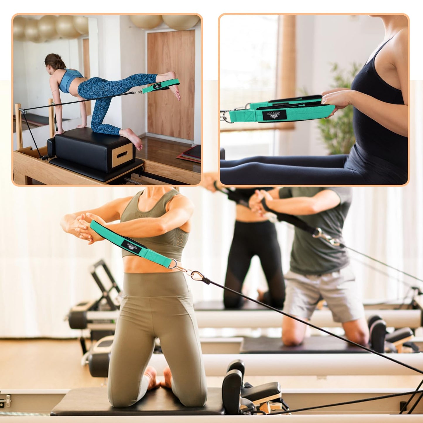 Lights Mountain Durable Pilates Double Loop D-Ring Straps - Padded Handles for Reformer, Yoga & Home Gym Workouts (Lakegreen M)