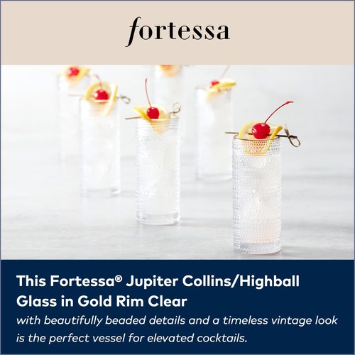 FORTESSA Jupiter Beaded Hobnail Glass Vintage Themed Drinkware Set, 10.8 Ounce Collins Highball Glass (Set of 6), Dishwasher-Safe, Clear/Gold Rim