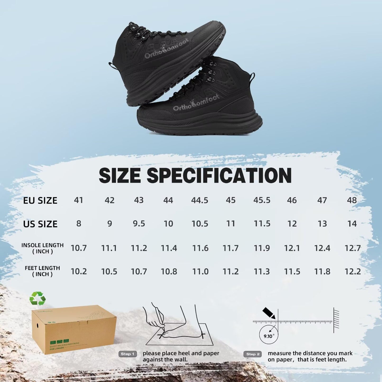 Men's Orthopedic Wide Mid Trekking Hiking Boots: Comfortable Plantar Fasciitis Orthotic Arch Support Bunions Recovery Sport Boot, Leisure Slip Resistant Outdoor Hang Out Walking Shoes Black Size 11