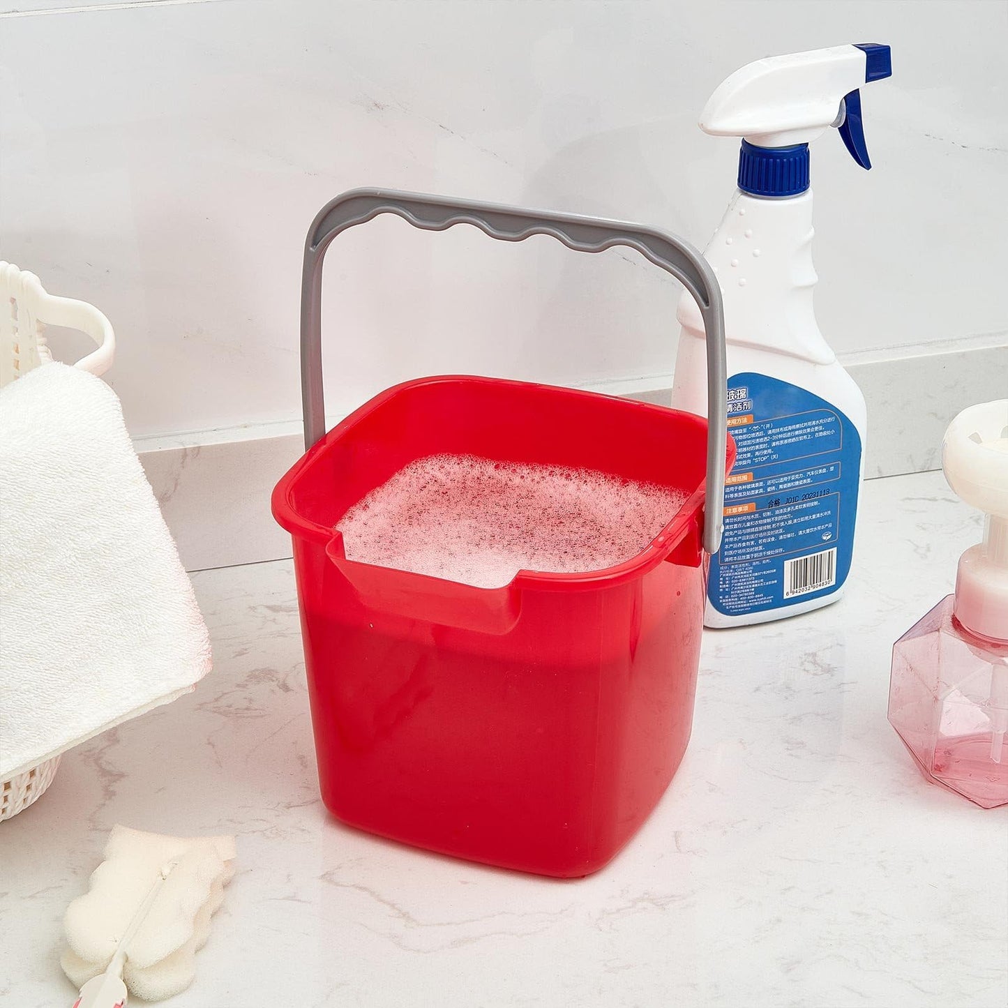 Irenare 8 Pcs Sanitizing Bucket 3 Quart Cleaning Pail Small Detergent Square, Spout and Handle Plastic Utility Sanitizer Buckets for Restaurant Kitchen Home Offices (Red)