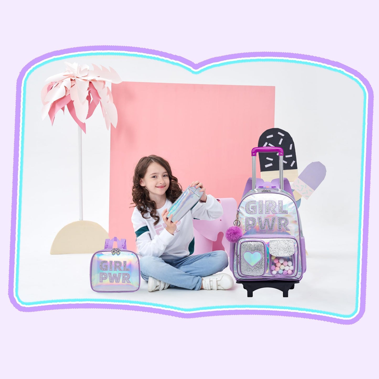 Meetbelify Rolling Backpack for Girls Backpack with Wheels for Elementary Student Kids School Bag with Lunch Box Pencil Case for Girls Ages 6-8 Years Old