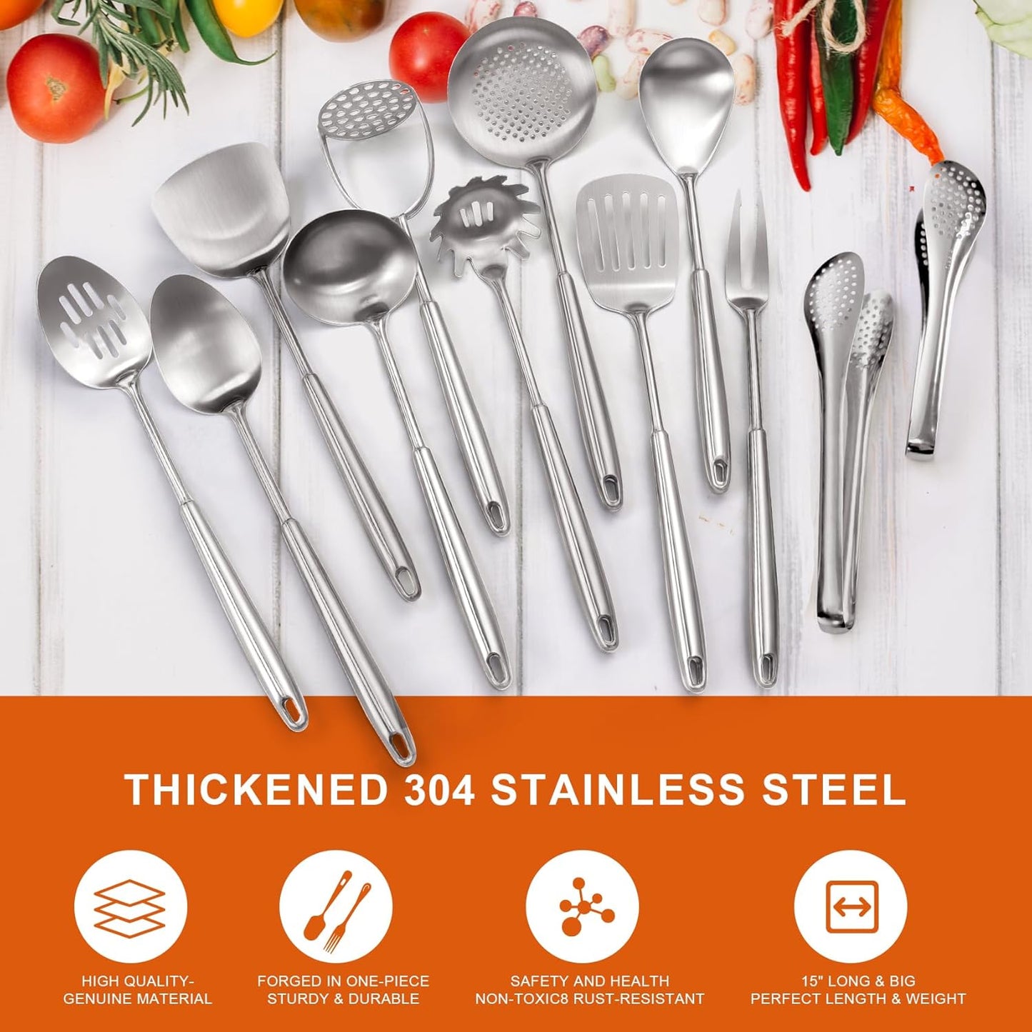 Stainless Steel Kitchen Utensils Set - 12 PCS Durable Cooking Tools for Effortless Meal Prep