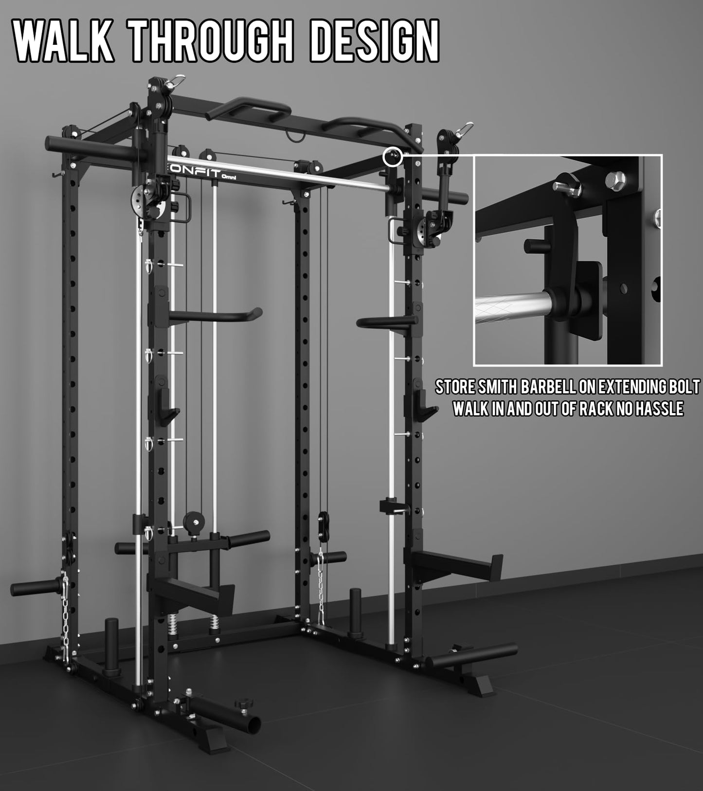 Eonfit E3 Smith Machine with 3D Rotating Arm for Home Gym Equipment, Multi-Function Power Cage Squat Rack with Cable Crossover LAT Pulldown Pulley System All in One (Black, PRO)