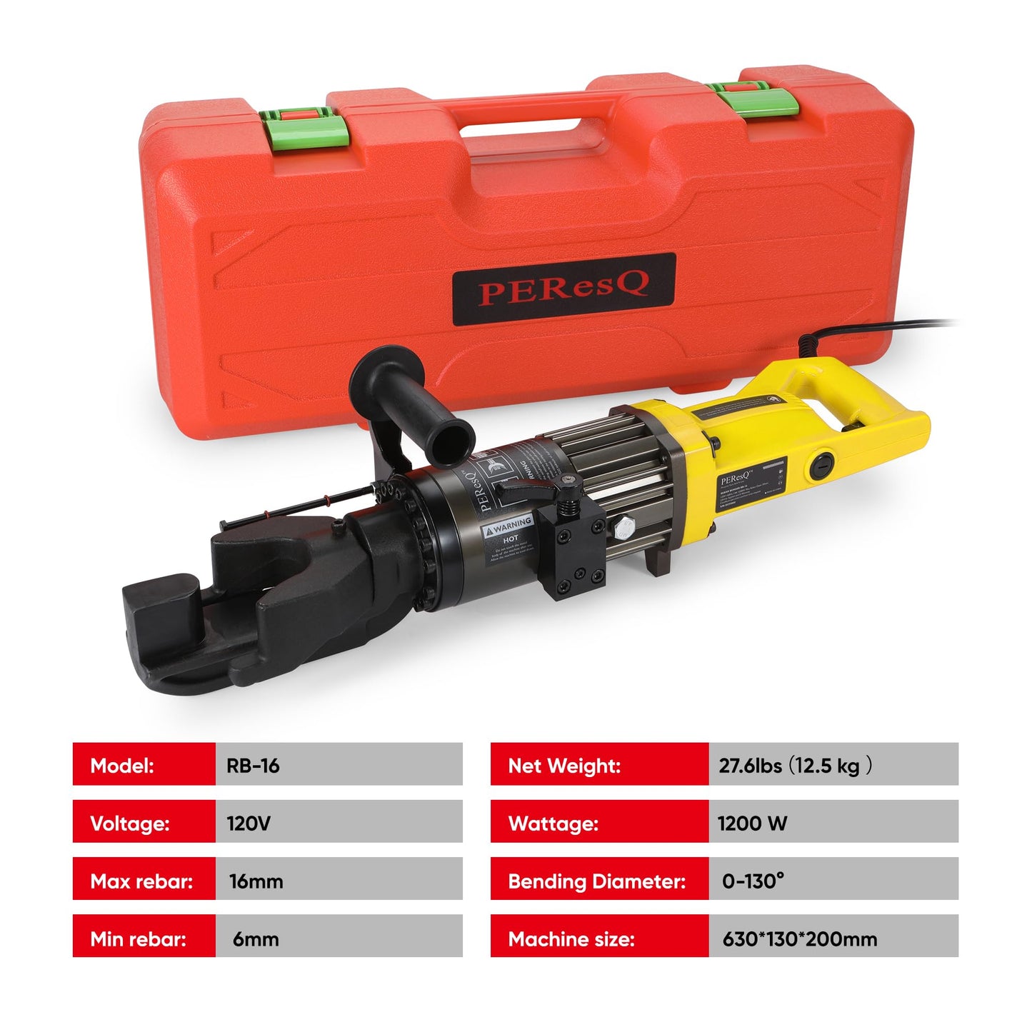 PEResQ Electric Rebar Bender, 5/8 Inch (16 mm) Hydraulic Portable Rebar Bending Machine, 1200W 120V, 2–2.5 s Fast Bending, 27.6 lb, Model RB-16 (Yellow)