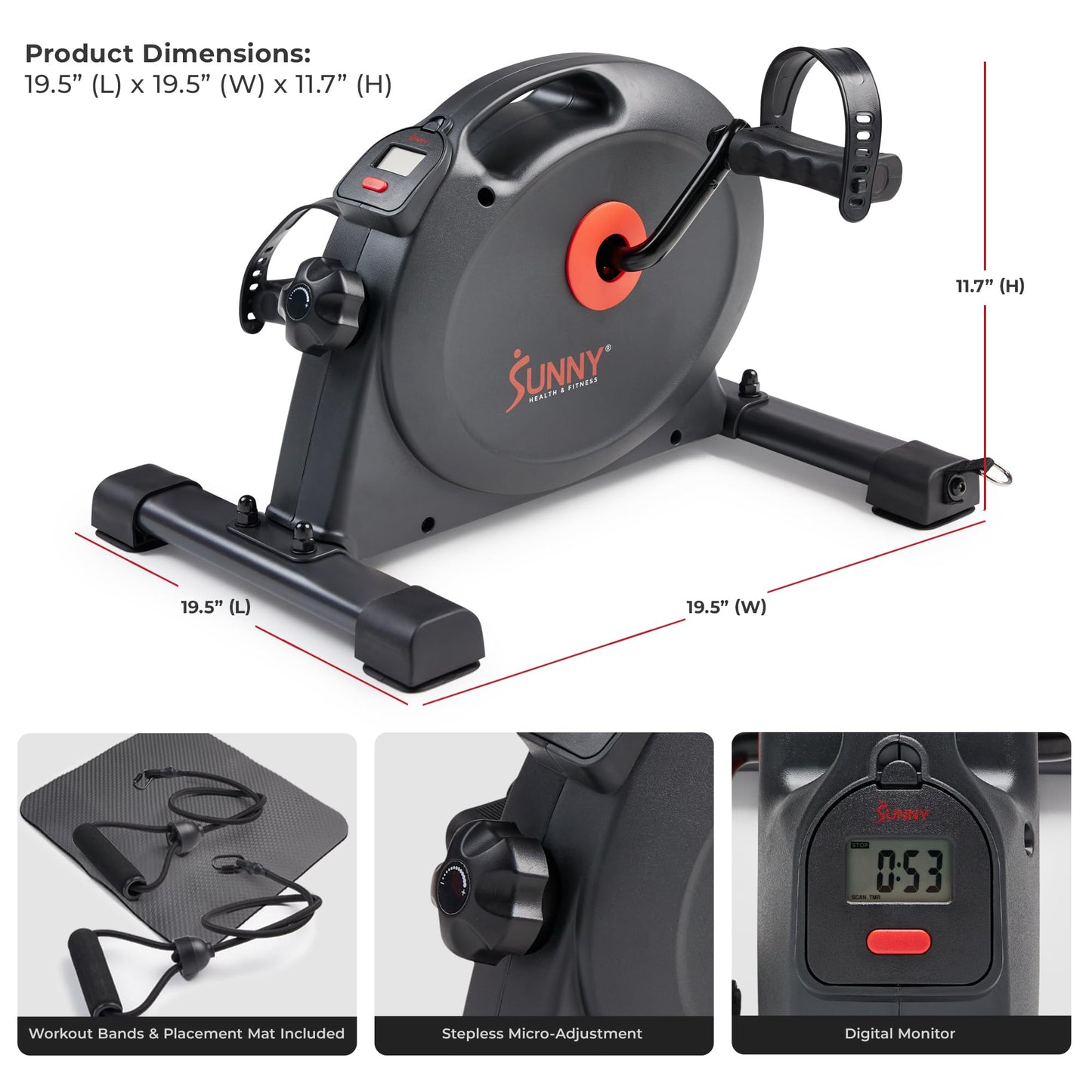 Sunny Health & Fitness Under Desk Smart Mini Pedal Exerciser, Exercise Cycle Bike and Mat/Workout Bands with Low Profile Design - SF-B0418SMART
