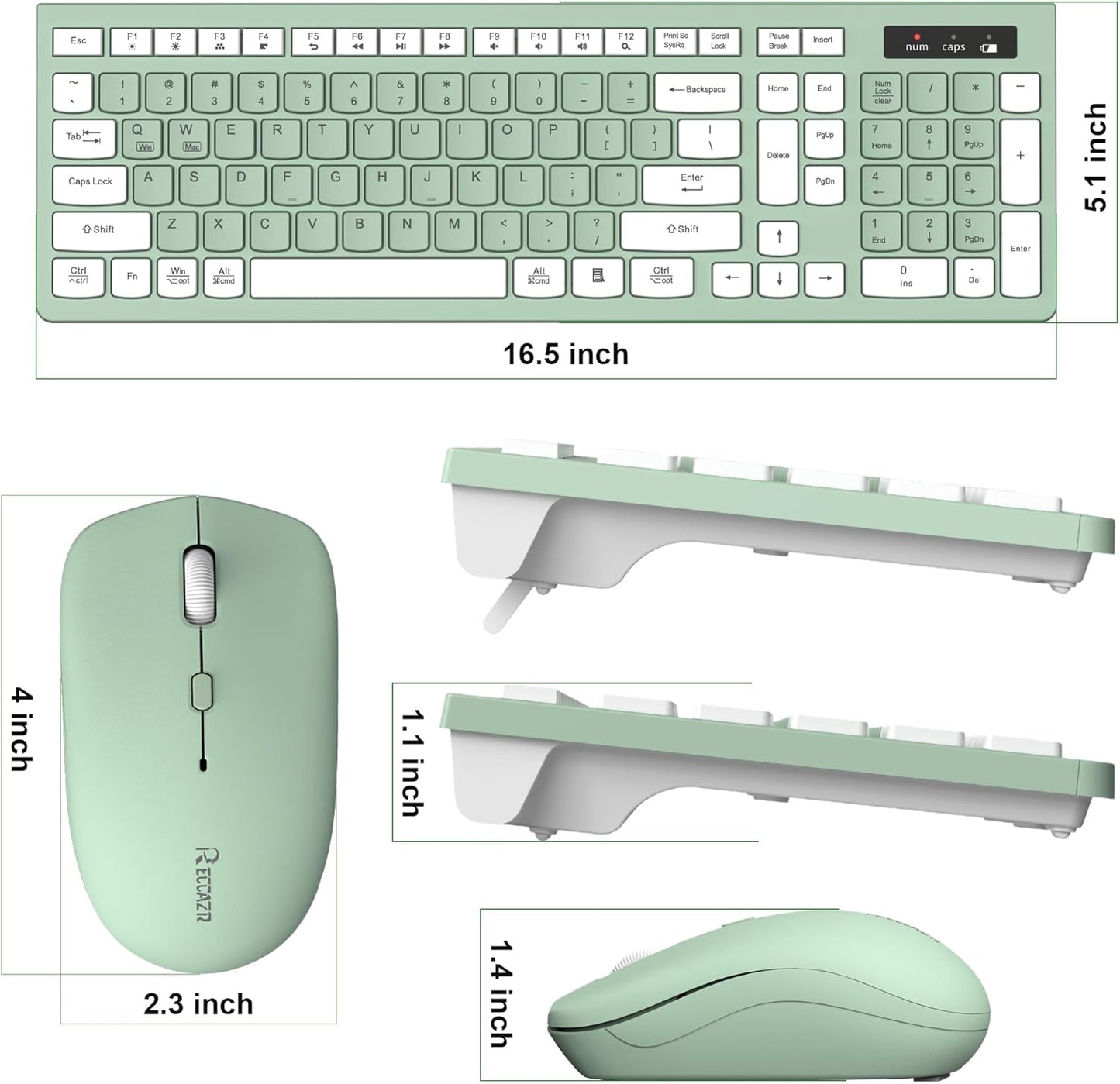 RECCAZR 2.4GHz Wireless Keyboard and Mouse Combo, Full-Sized Wireless Keyboard and Adjustable DPI Mouse, USB Receiver