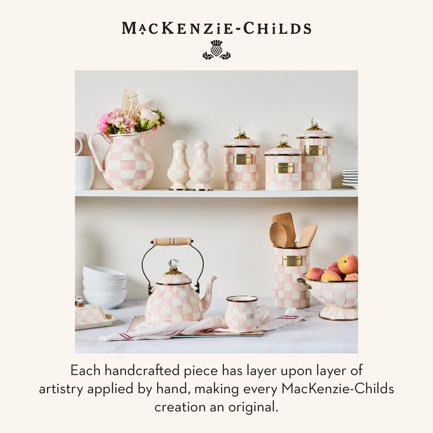 MACKENZIE-CHILDS Coffee French Press, Glass French-Press Coffee Maker, 32-Ounce Capacity, Pink-and-White Rosy Check