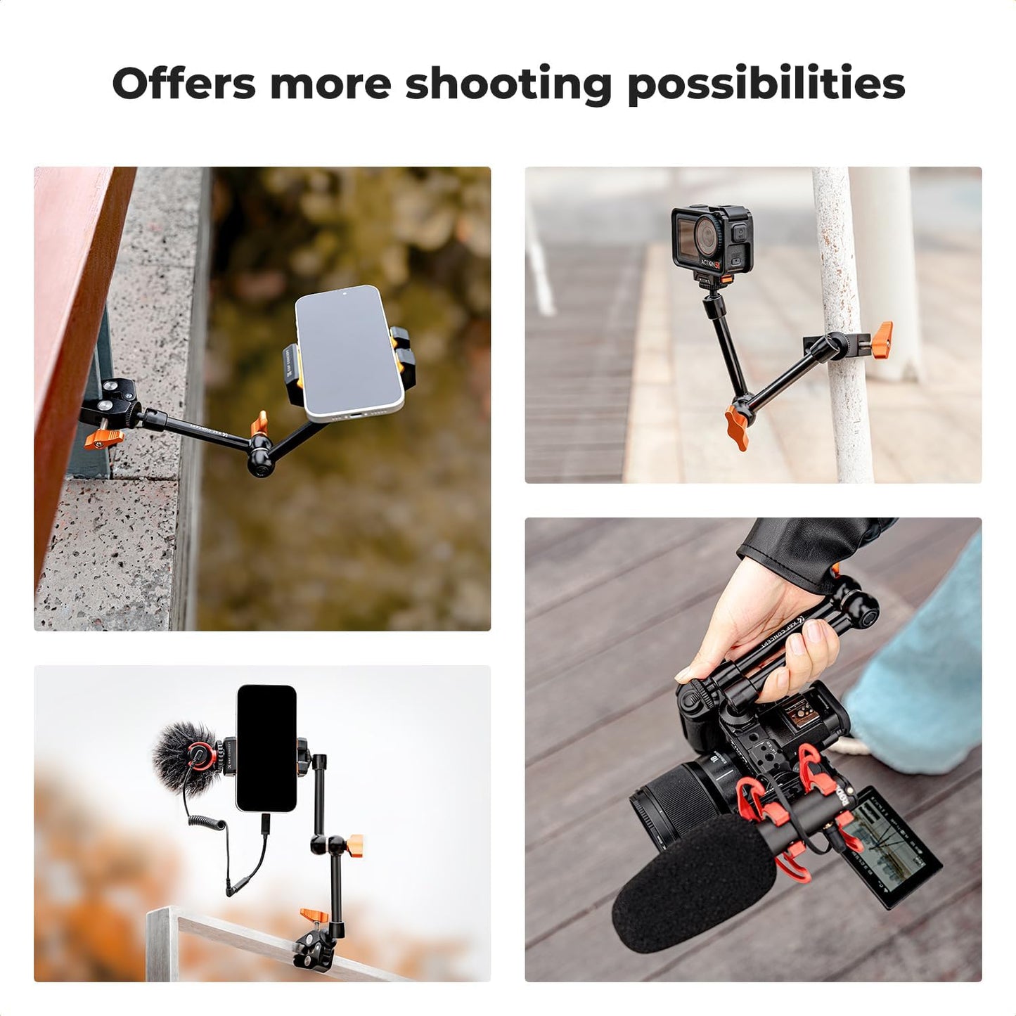K&F CONCEPT 9.8" 1/4" 3/8" 360 Magic Arm Clamp Kit with & Thread Screw Ball Heads Articulating Magic Arm with Tripod