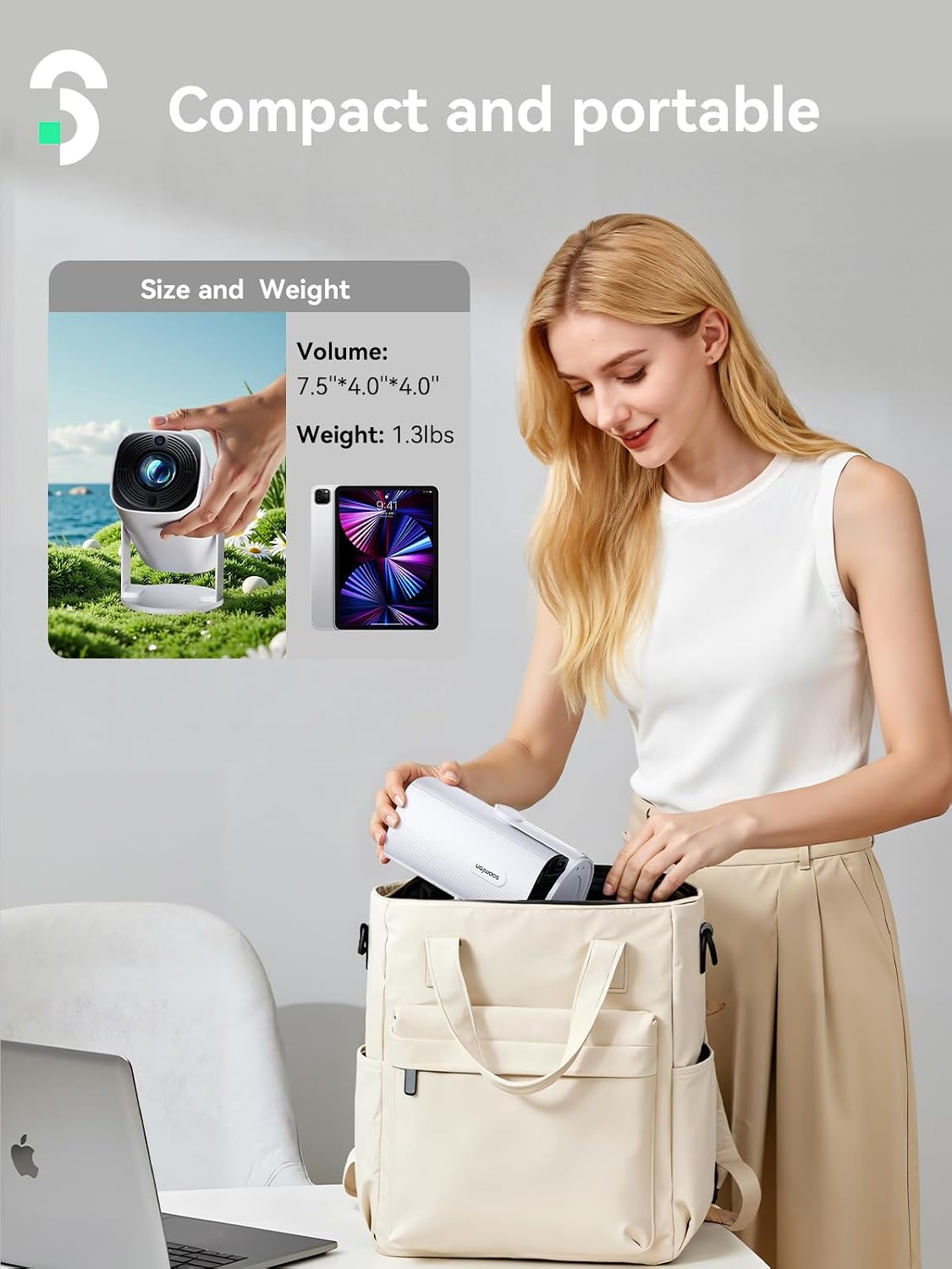 SOOMFON 1080P 5.1 Mini Projector Support - Portable Small Video Movie Projector Bluetooth Auto Keystone Electric Focus
