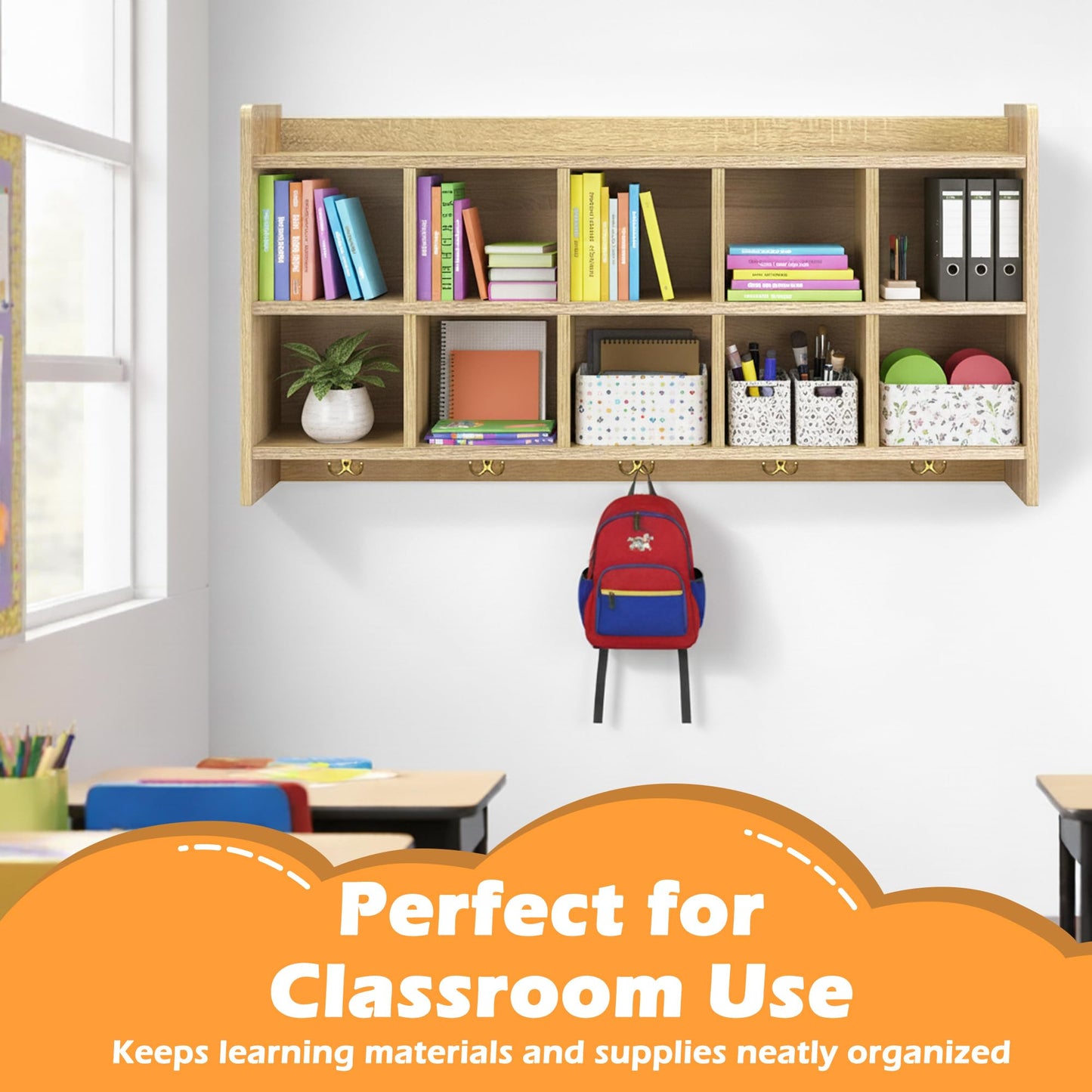 Verssure Wall Cubbies, 10 Cubby Storage Organizer with Coat Hooks, Cubbies for Classrooms,Wooden Cubby Shelf for Toys, Bags and Books, Used in School, Gym, Daycare Storge (White Oak)